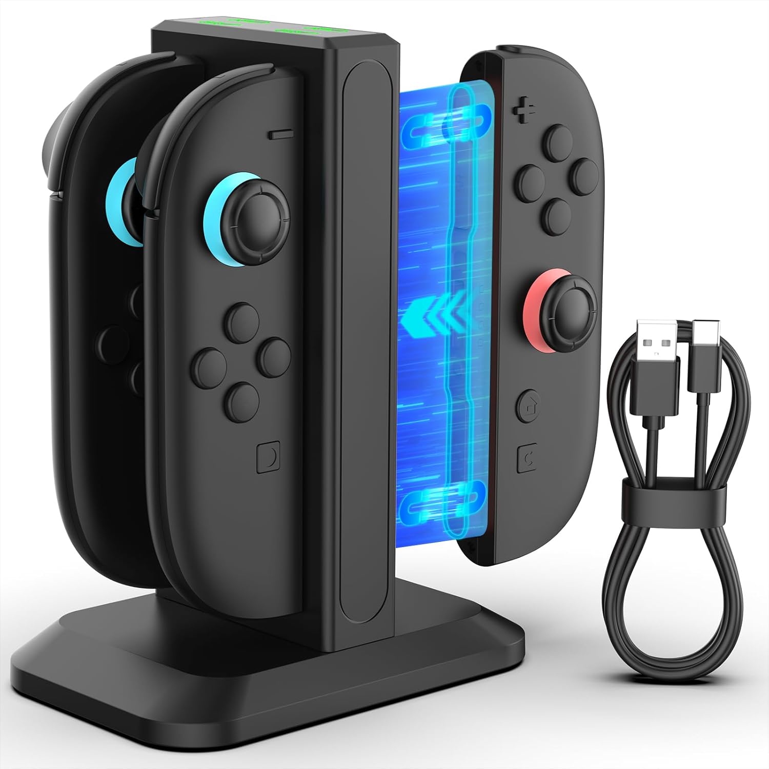 YCCTEAM Switch 2 JoyCon Charger with two Joy-Cons inserted and a USB-C cable beside it.