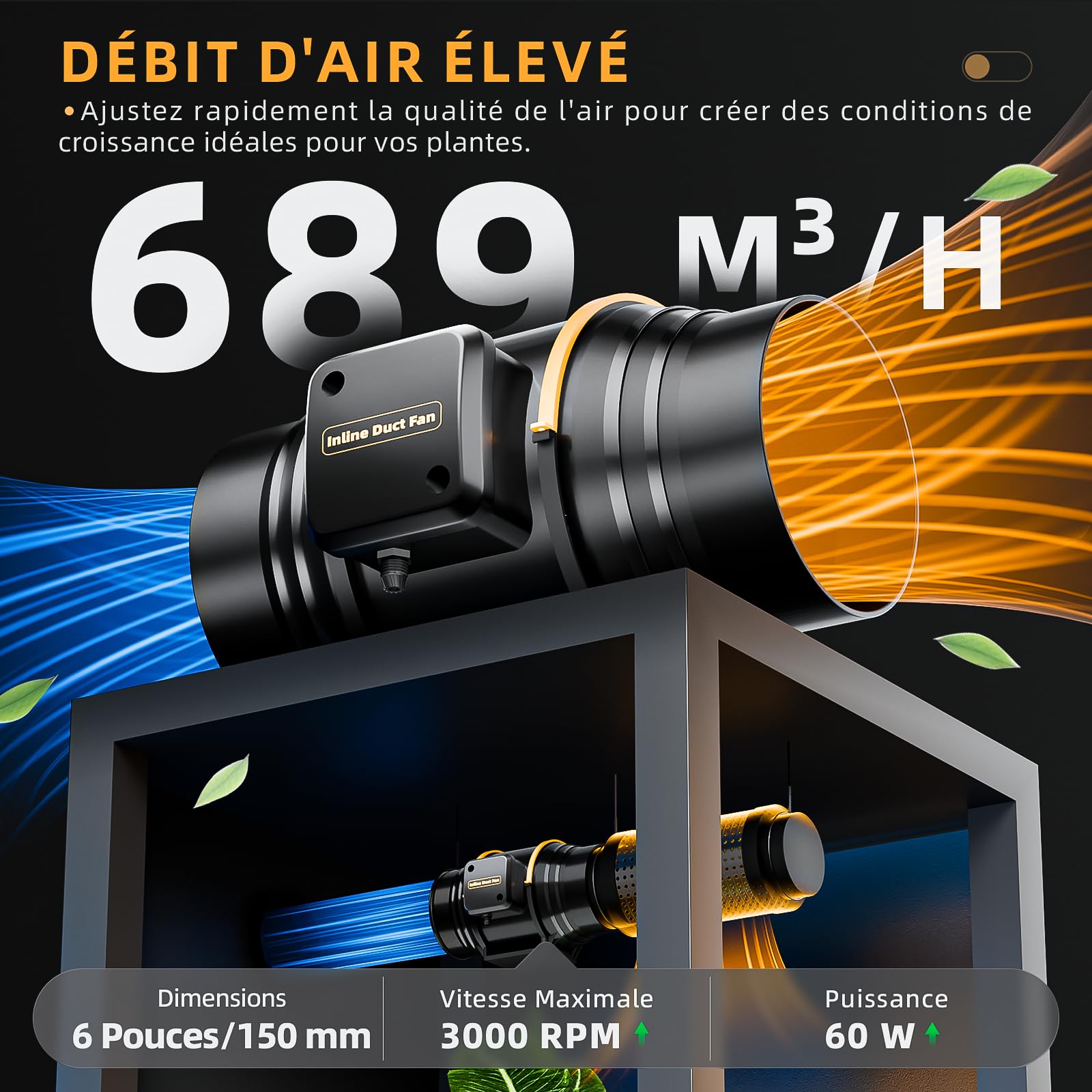 Ventilateur Extracteur d'air 150mm avec Télécommande, 689m³/h 60W Cuivre Moteur, Minuterie Régulateur de Température et Humidité Minuterie pour Tentes Culture, Hydroponique, Garage, Grenier