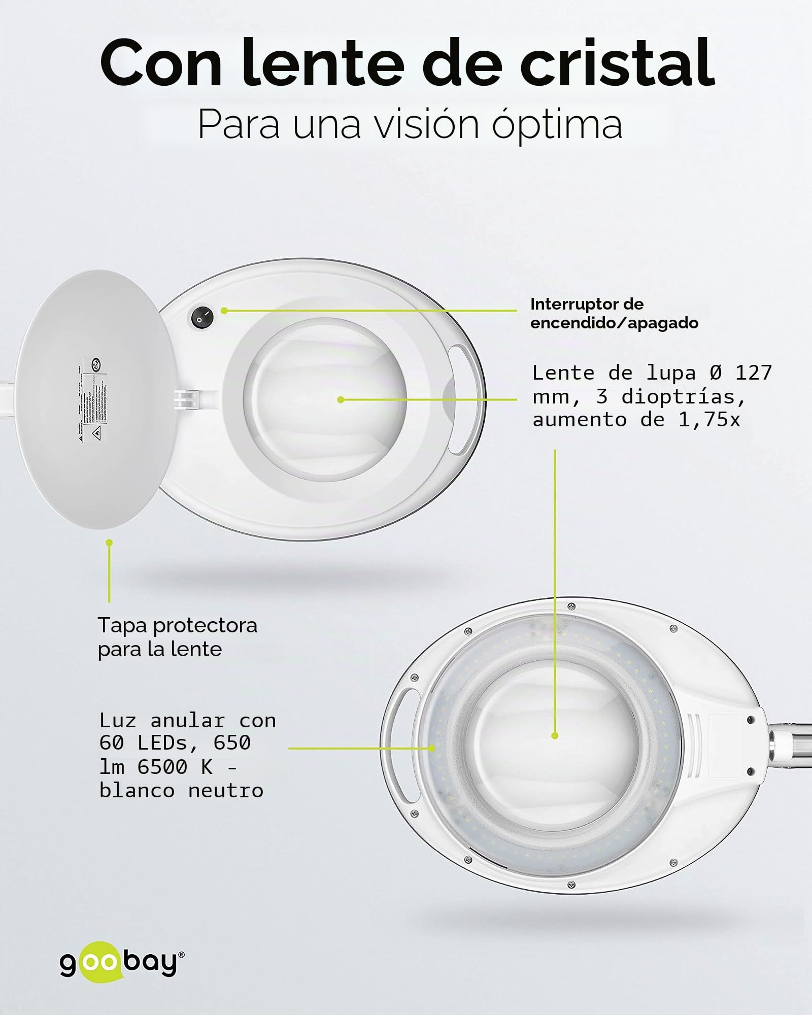 goobay 60360 Lámpara de Aumento LED con Pinza/lámpara de Aumento de plástico / 8 W de Consumo, Temperatura de Color 6500 K/Flujo Luminoso 650 LM/tensión de Servicio 230 V (AC) / Blanco