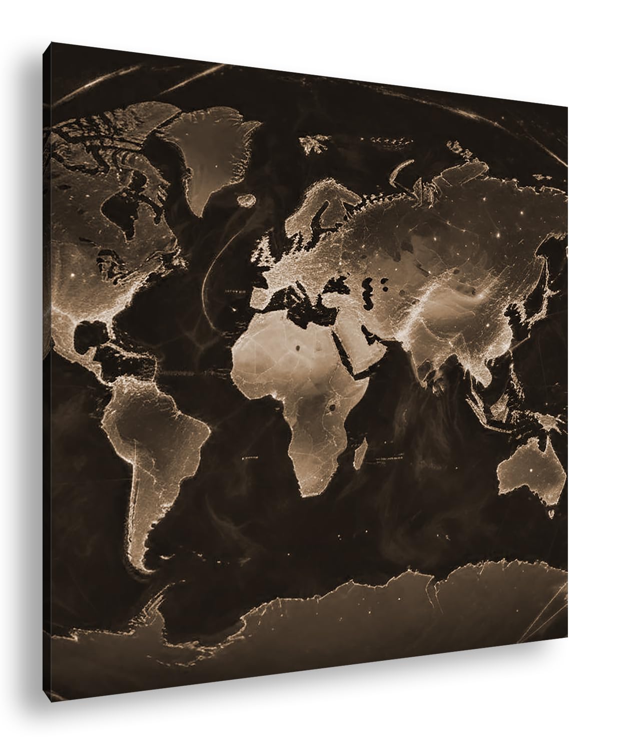 Mapamundi luminoso en la oscuridad, los continentes brillan como venas brillantes de la tierra. Formato: 70 x 70 cm. Efecto: sepia como lienzo, diseño enmarcado en marco de madera auténtica, impresión