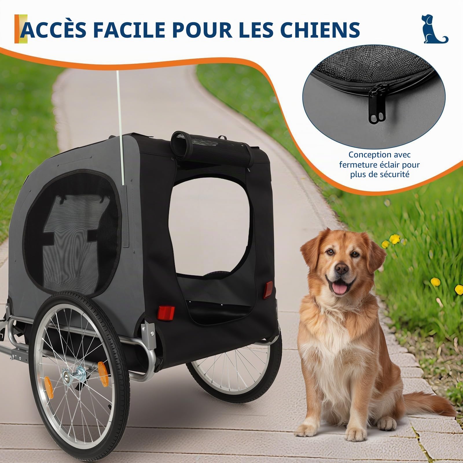 Grandes remorques pour Chiens - Capacité de 40 kg - Porte-Bicyclette pour Animaux de Compagnie - Tissu Oxford Pliable, Attache Universelle - Design Pliable, Tapis antidérapant et Drapeau de sécurité