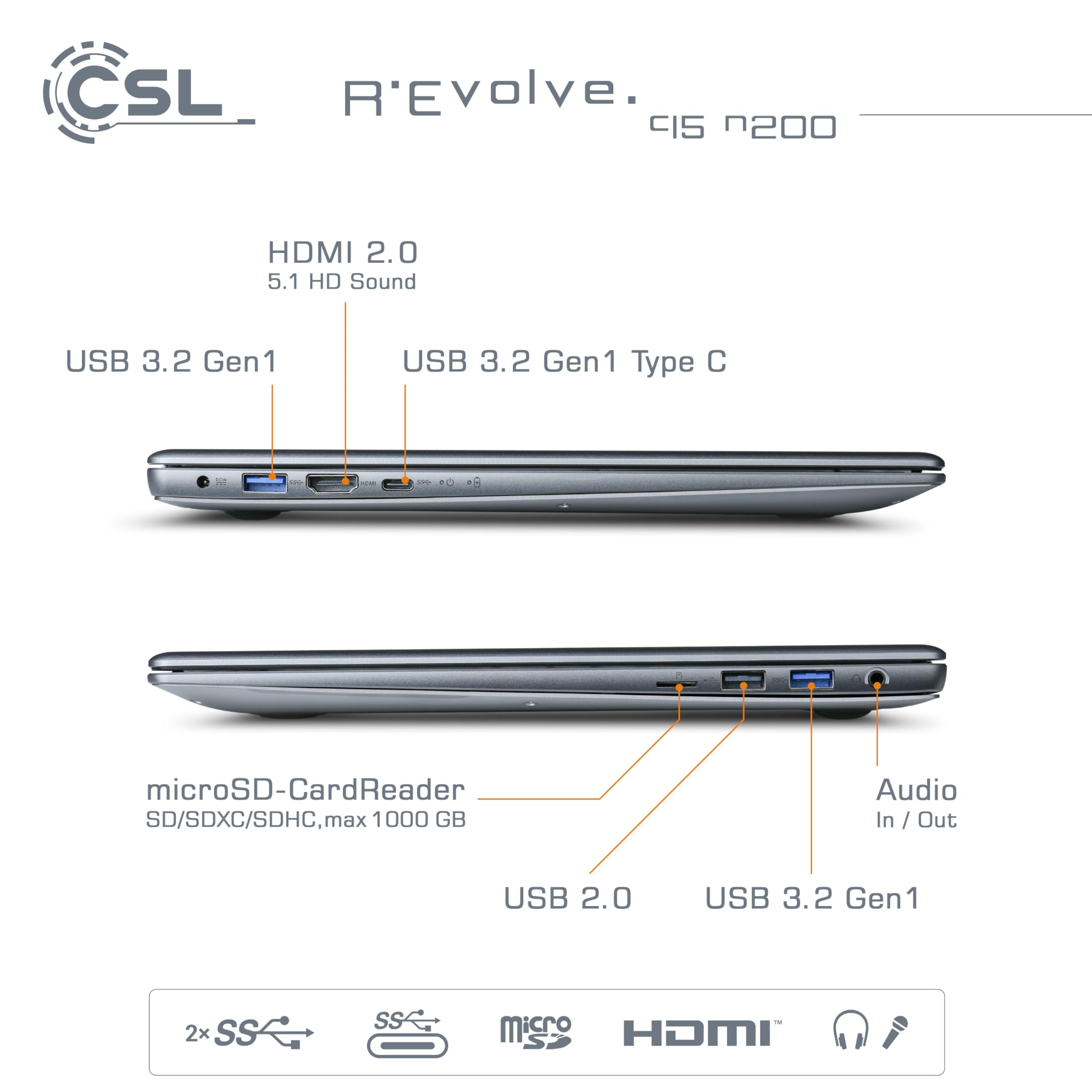 Notebook CSL R'Evolve C15 v3 Windows 11 Home - Ultra-Slim Laptop, 15,6 Zoll Display FHD 1920x1080 IPS, Intel N200 CPU 4x3700 MHz Turbotakt, 500 GB M.2 SSD, 16 GB DDR4-RAM, USB 3.2, BT 5.1, AC WLAN