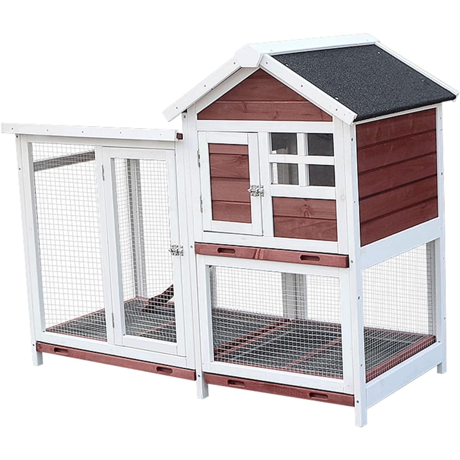 Kattenhuis van twee verdiepingen, huisdiervilla met uittrekbaar dienblad, binnen- en buitenkooi voor hond/kat/konijn/kip, dierenhok