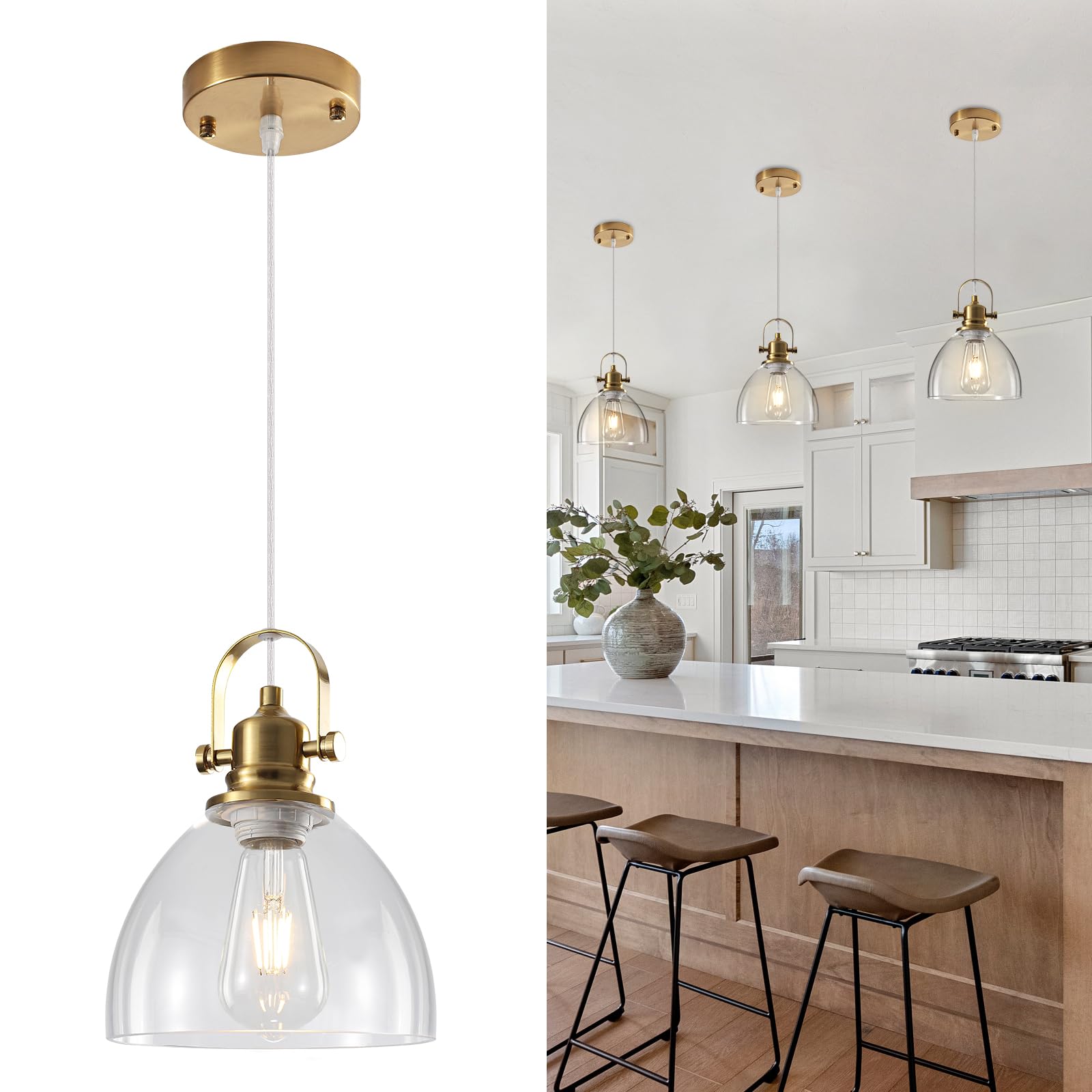 Photo 1 of Otmilance Glass Pendant Lights Kitchen Island, 7.5 inch Gold Glass Pendant Lights 1-Pack, Modern Pendant Light with Clear Glass Shade, Farmhouse Kitchen Pendant Light for Dining Rooms, Kitchen Island