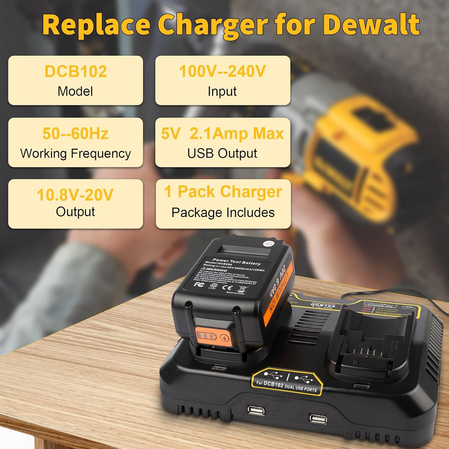 DCB102 2-Port Fast Charger for DeWalt 20V Max Battery, with USB Port Compatible with DeWalt Battery 20V DCB206 DCB208 DCB205 DCB200 & Charger DCB104 DCB107 DCB115 DCB118 - Image 3
