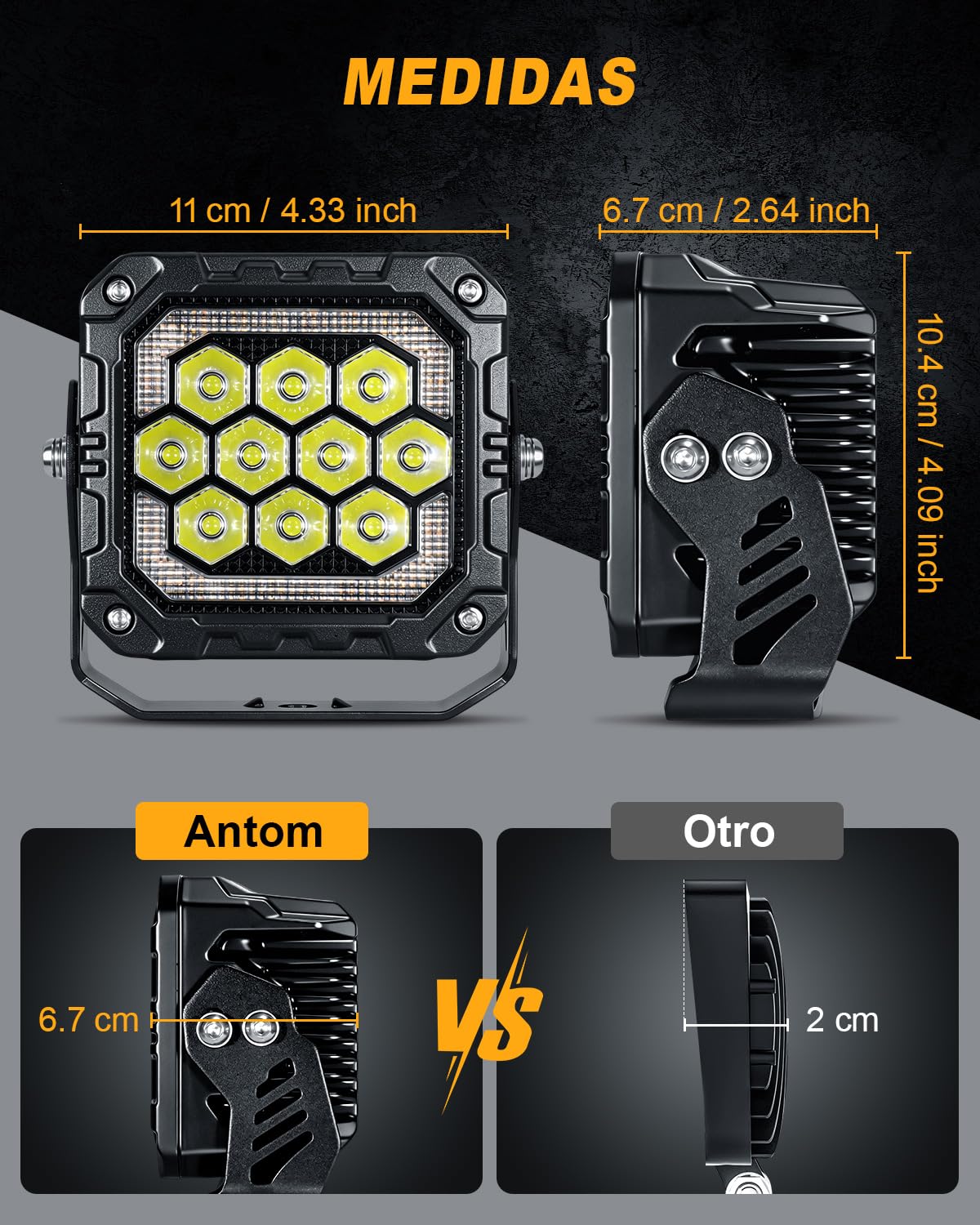 Antom Faro LED 41000LM 9 LEDs Trabajo 9-60V 270°, IP68 Impermeable Homologado ECE, Luz Blanca Ámbar Flash, Soporte Ajustable para Jeep, 4x4, Camión, Moto, ATV, Off-Road