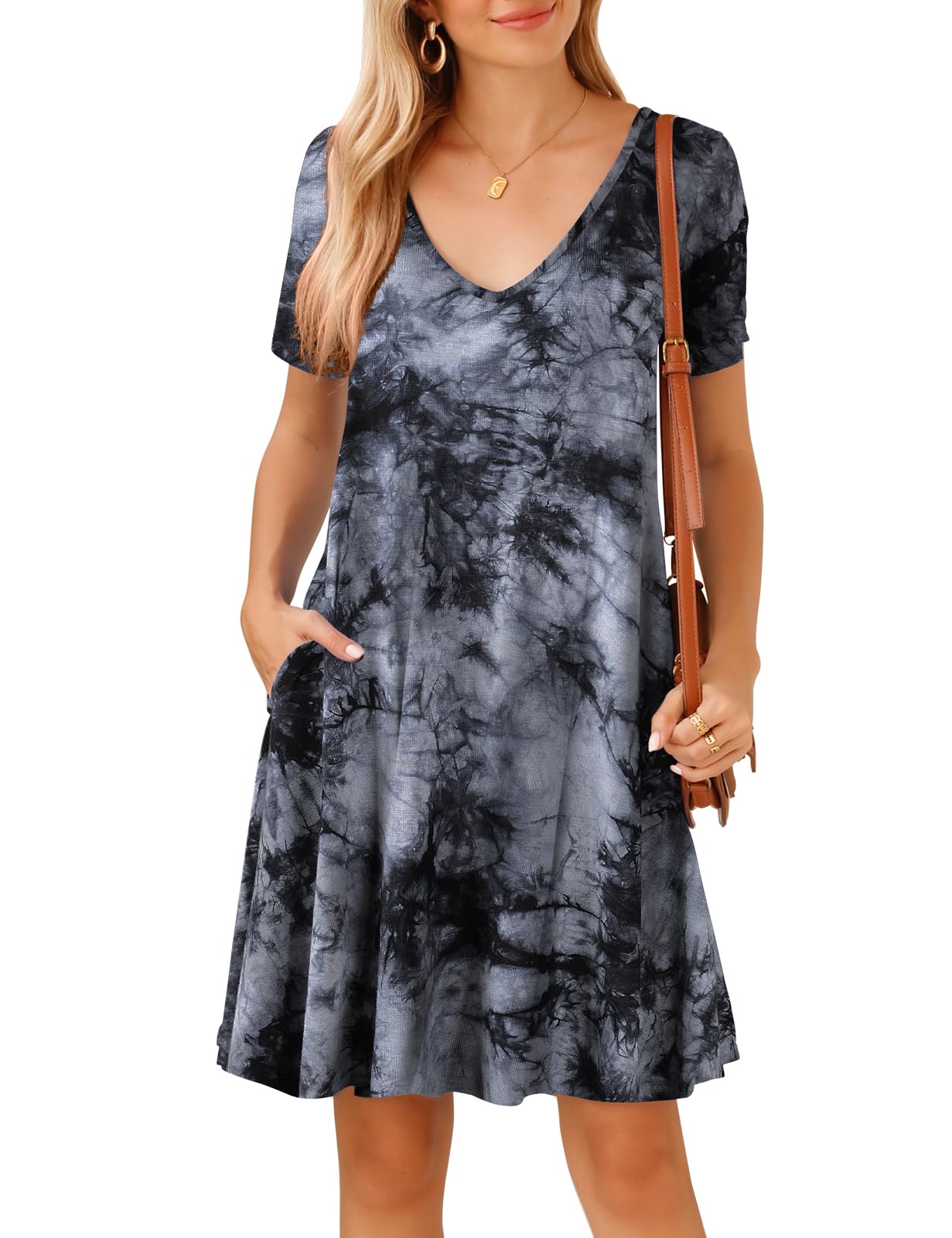 JollieLovin Women T Shirt Plus Size Summer Swing Dresses Short Sleeve V Neck Loose Casual Dress(L-5X)