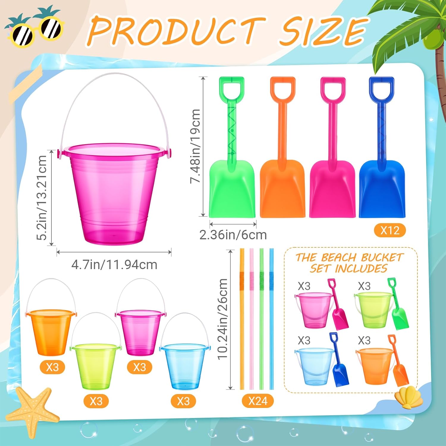 LemonRoad 12 Pack 34oz Large Beach Drink Buckets Bulk with Shovels Disposable Straws Plastic Neon Party Bucket Cups with Handles Reusable Rum Cocktail Buckets for Summer Holiday Birthday Party Favors