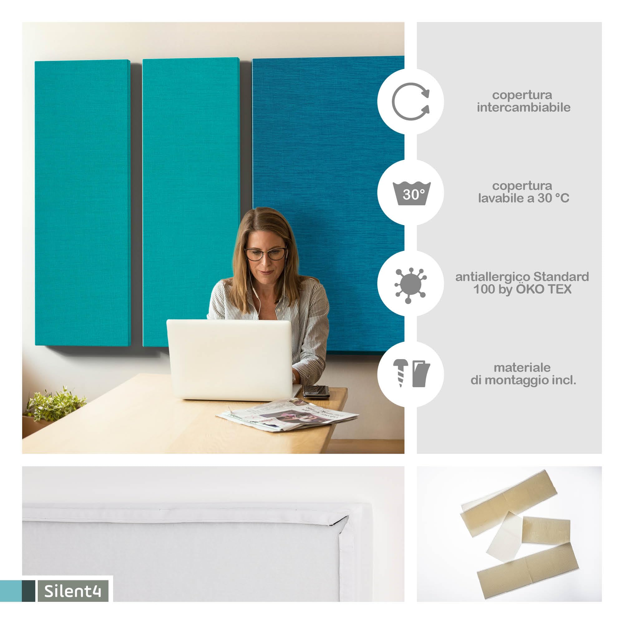 SILENT4® Panelli Fonoassorbenti Sofitto, 114x33x5cm, Pannello Fonoassorbente Acustico, Montaggio A Adesivo E A Vite, Misurabile, Migliore Acustica Della Stanza Grazie Ai Pannelli Acustici