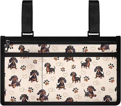 Gomyblomy Cute Dachshund Print Wheelchair Side Bag with Spacious Compartment, Sure Attachment and Easy-Reach Design, Wheelchair Armrest Storage Pouch with Cup Holder