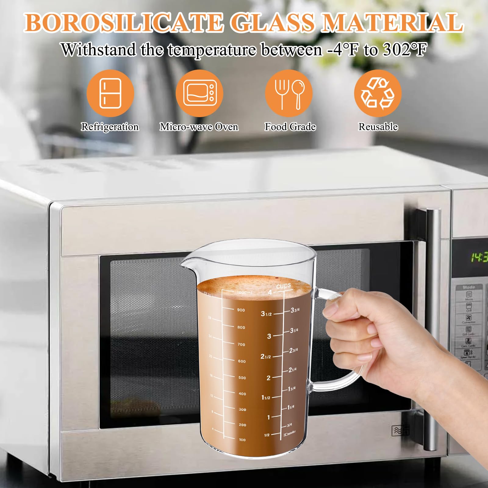 Taza medidora de vidrio, 1000 ml, 4 tazas, vaso medidor de vidrio de borosilicato alto con tapa de madera, mango aislado en forma de V, taza medidora para cocina, restaurante, fácil de leer
