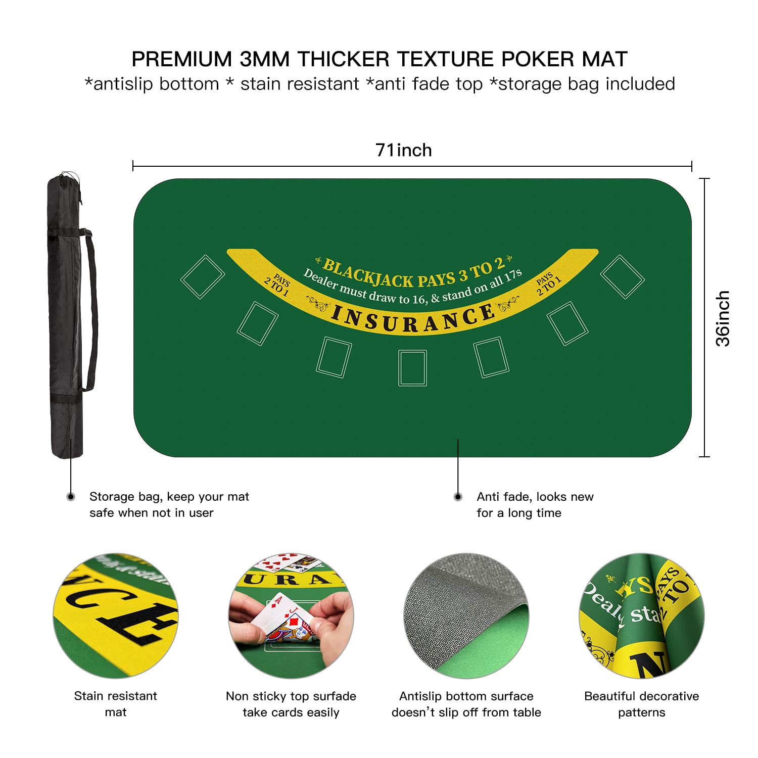 YUZPKRSI Tappetino da Poker Blackjack Professionale, 180 x 90 cm Texas Hold'em Panno da Poker Portatile
