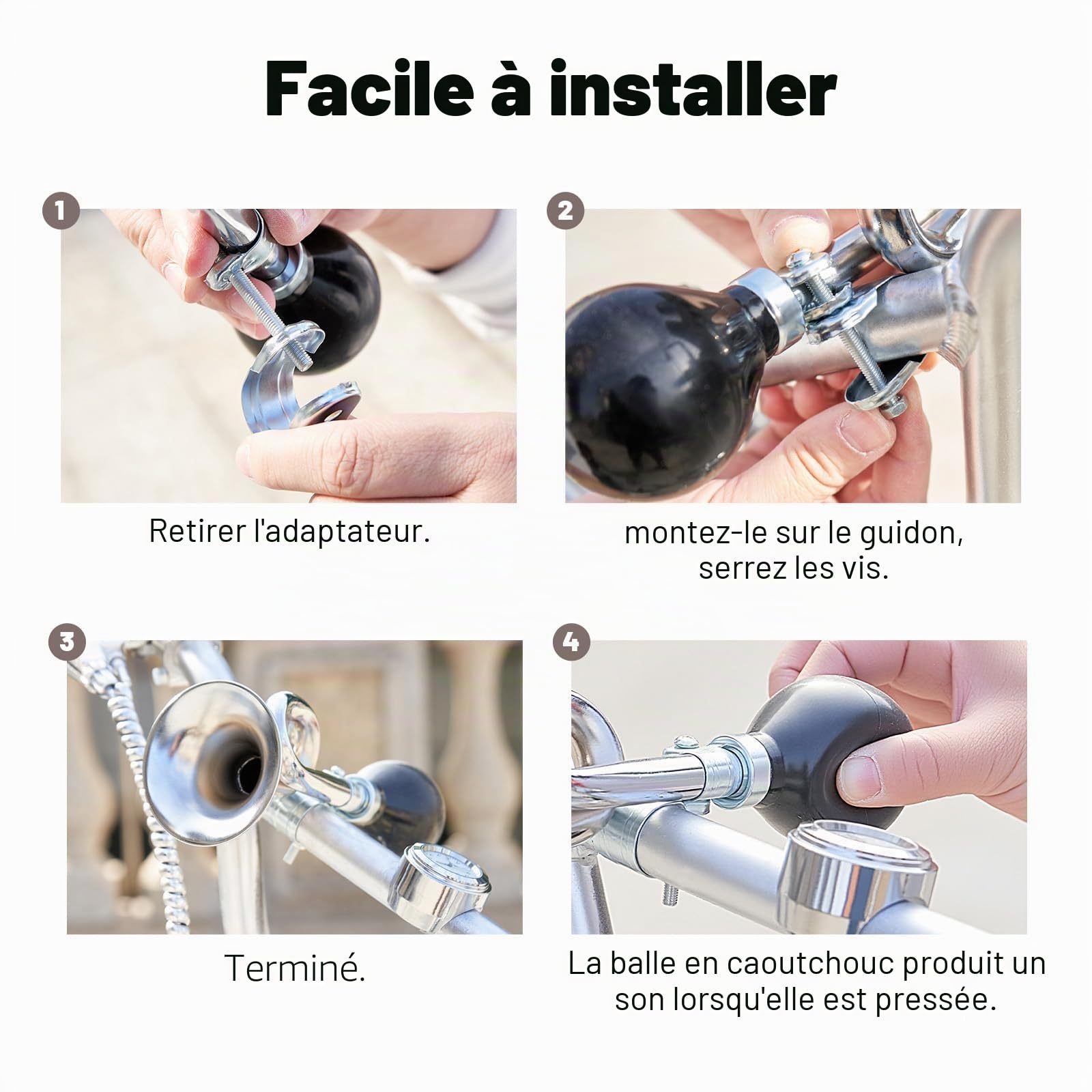 Klaxon de Vélo Rétro en Metal, Trompette Vélo Classique Noir, Design Rétro Métal Squeeze Bugle Klaxon, Avertisseur Sonore Bulb Klaxon de Bicyclette, avec Collier de Serrage Réglable