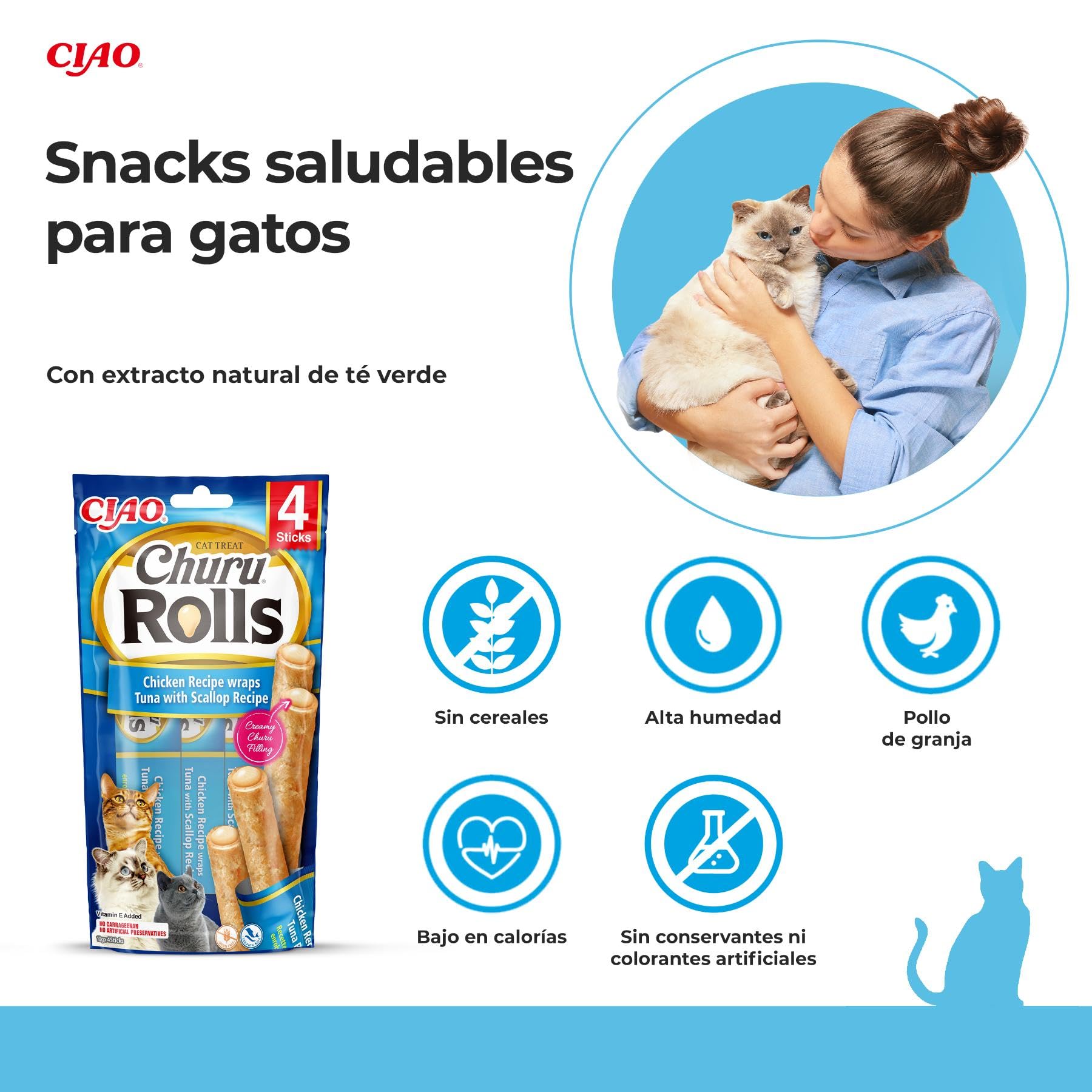 INABA Churu Rolls Gatos - Receta Saludable de Atún Recubierto de Vieira - Golosinas para Dar de Comer con la Mano - Deliciosos Snacks con Relleno cremoso - Atún Recubierto de Vieira - 480g (48x10g)