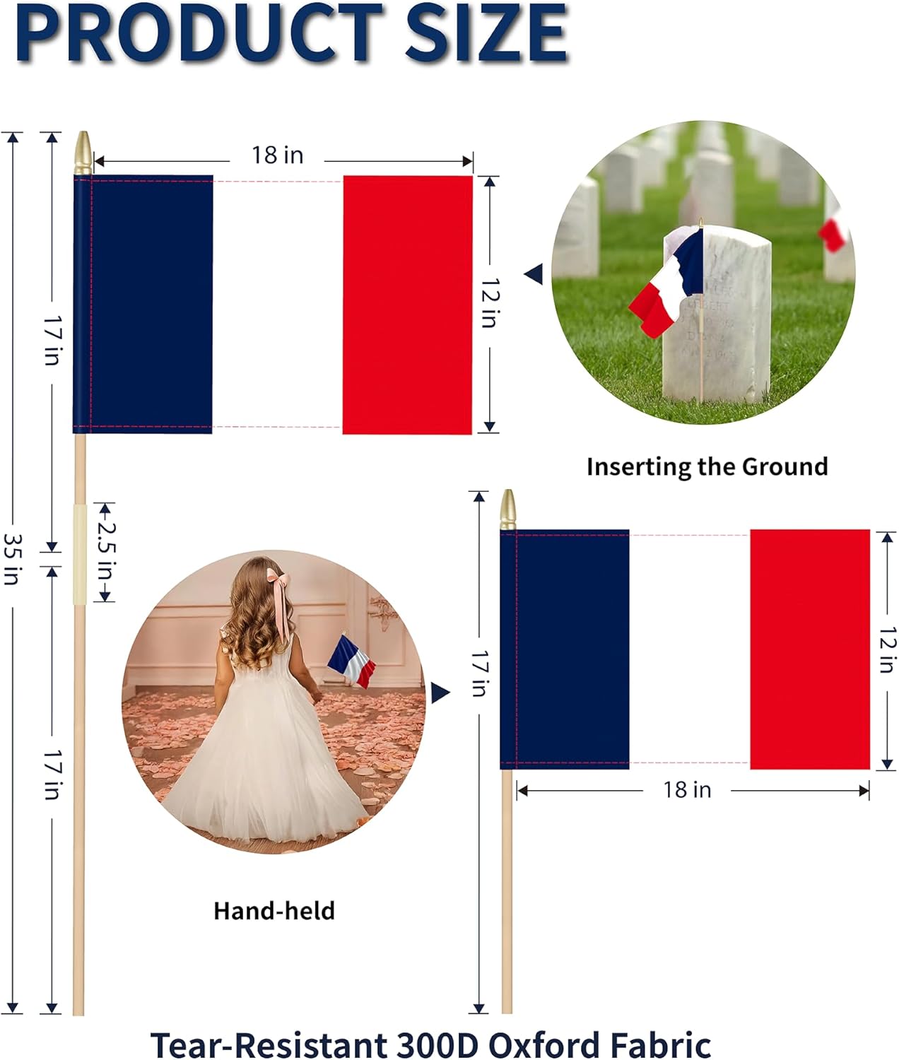 Heavy Duty 12 Pack 12x18 Inch Large French Flags on Stick 35” Tall France Stick Flags Durable Break-Resistant 5/16” Birch Pole 300D Oxford Fabric Bastille Day Armistice Day Yard & Festival Decorations