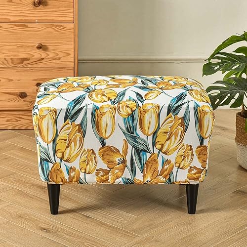 Miniatura 10 de ZEaink Funda elástica otomana rectangular para taburete, funda de elastano estampada para reposapiés, protector antideslizante para reposapiés, con