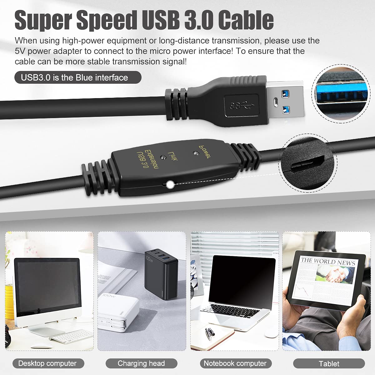USB 3.0 Cable USB-A to USB-B 5M（16FT）5Gbps high Speed USB Extension Cable Compatible with Docking Station, External Hard Drivers, Scanner, Printer : Office Products