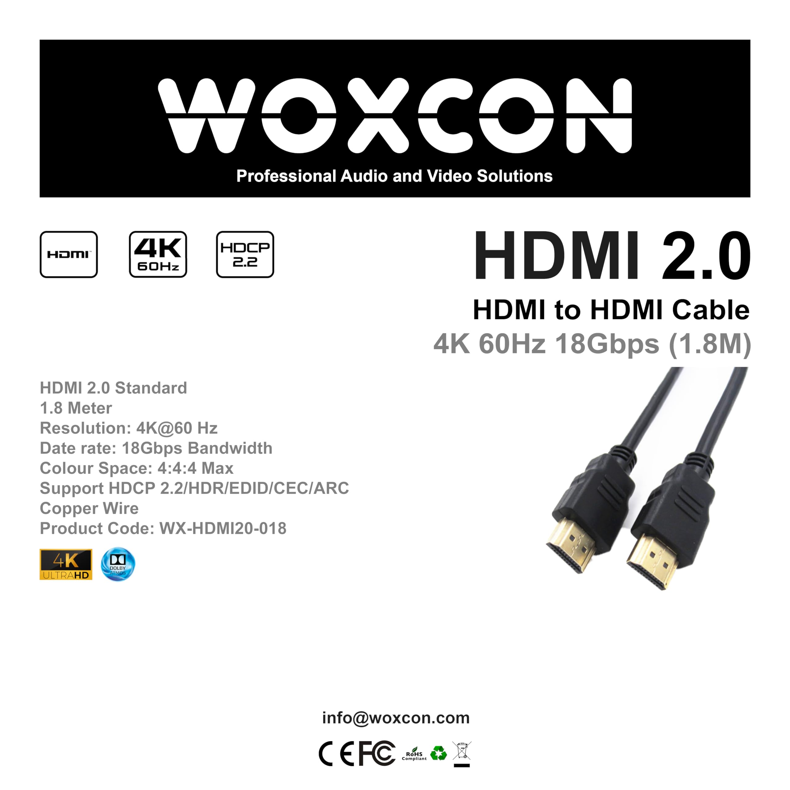 Woxcon HDMI Kablo 4K 60Hz 18G HDCP2.2 ARC Dolby Desteği HDMI 2.0 Versiyon (3 Metre)