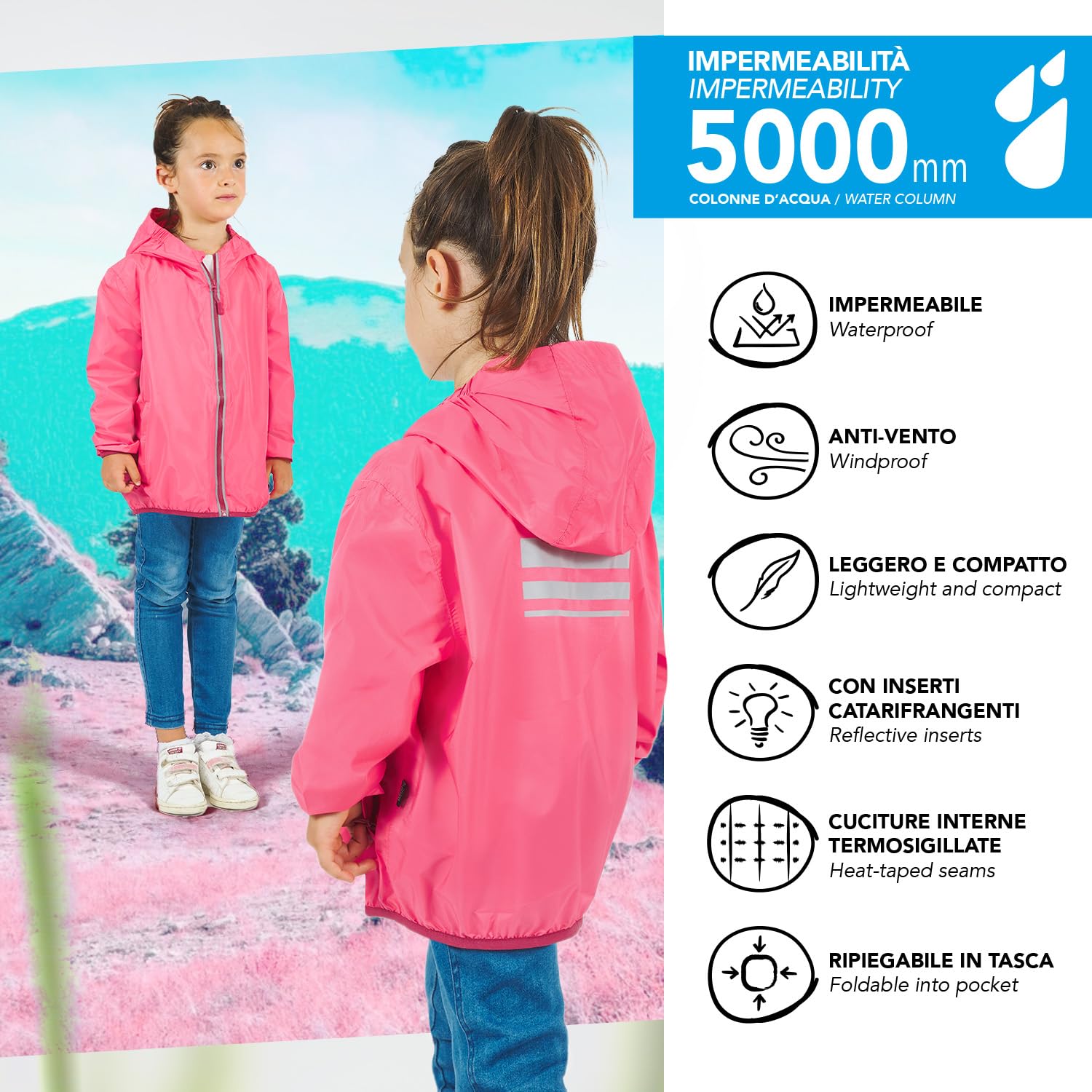 PERLETTI Cortavientos Niño Niña Impermeable Ligero - Chubasquero Niños Rompevientos con Capucha - Chaqueta Outdoor Running con Estuche