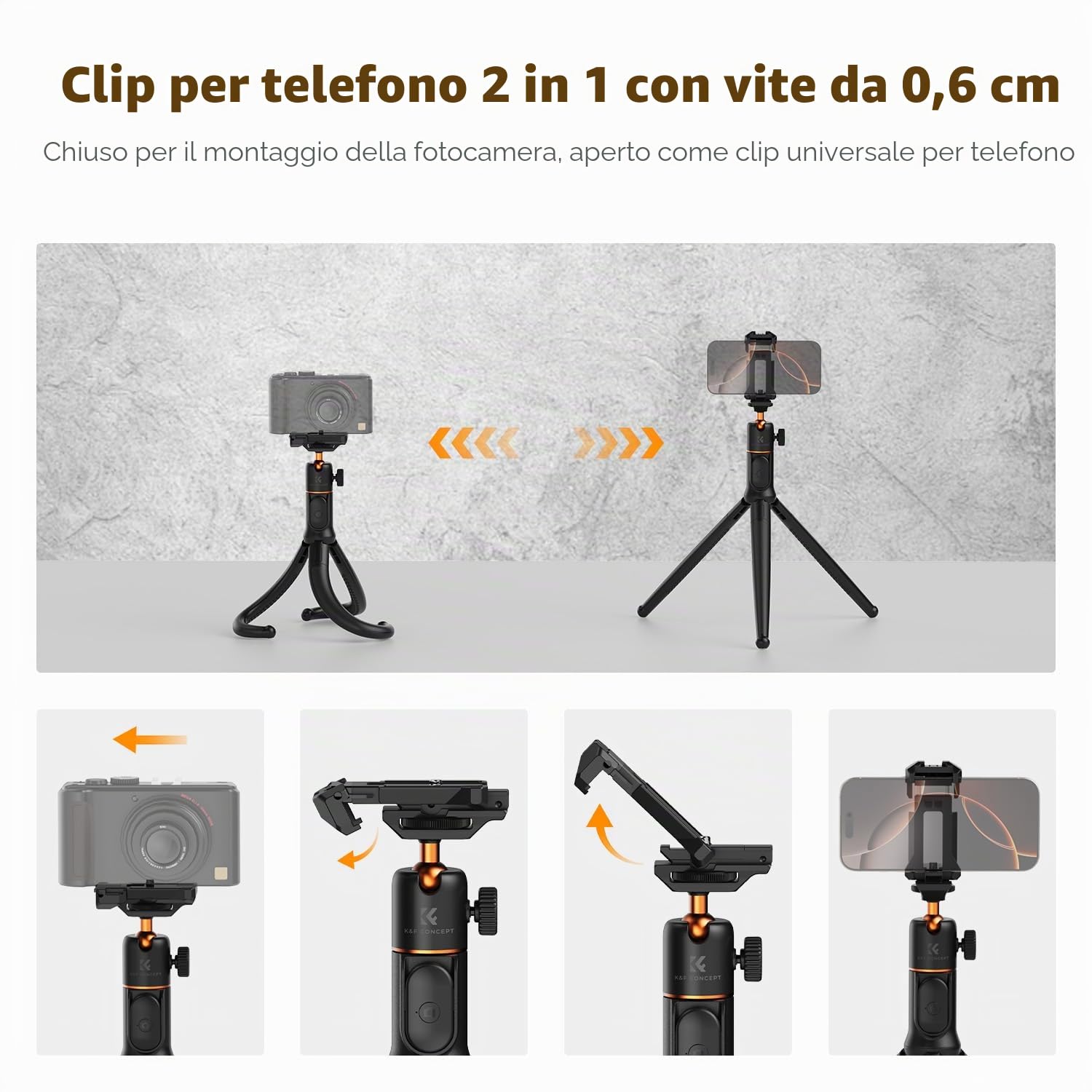 K&F Concept Treppiede Smartphone MS29, Mini Tripod Estensibile con Telecomando Amovibile e Testa a sfera 360°, Treppiedi Octopus con Adattatore per Camera Sportiva, Ideale per iPhone/DSLR/Vlog/Selfie