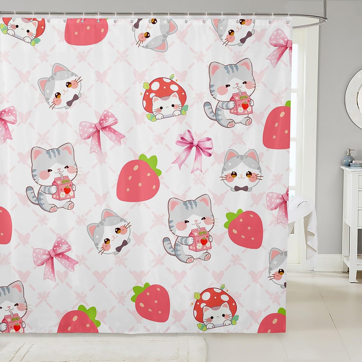 Castle Fairy Kawaii Cats Shower Curtains,Cartoon Strawberry Cute Animal Bath Curtain,Pink Bowknot Heart Shape Grid Waterproof Fabric Curtain with Hooks Bathroom Decor, 72Wx72L inch