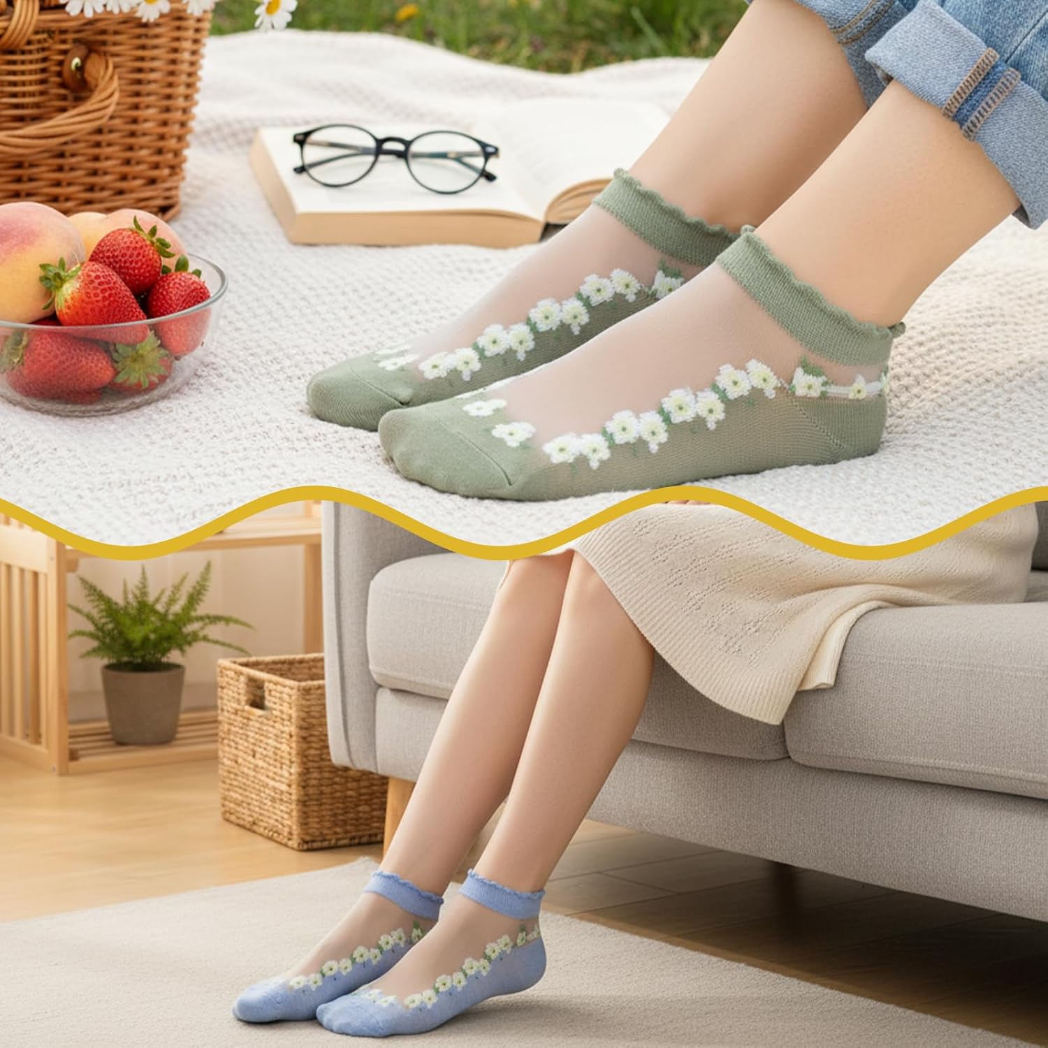 Xthrotsenk 10Pairs Lace Flower Socks See Through Socks Women Floral Sheer Mesh Sock Summer Sheer Ankle Sock with Designs for Women and Girls