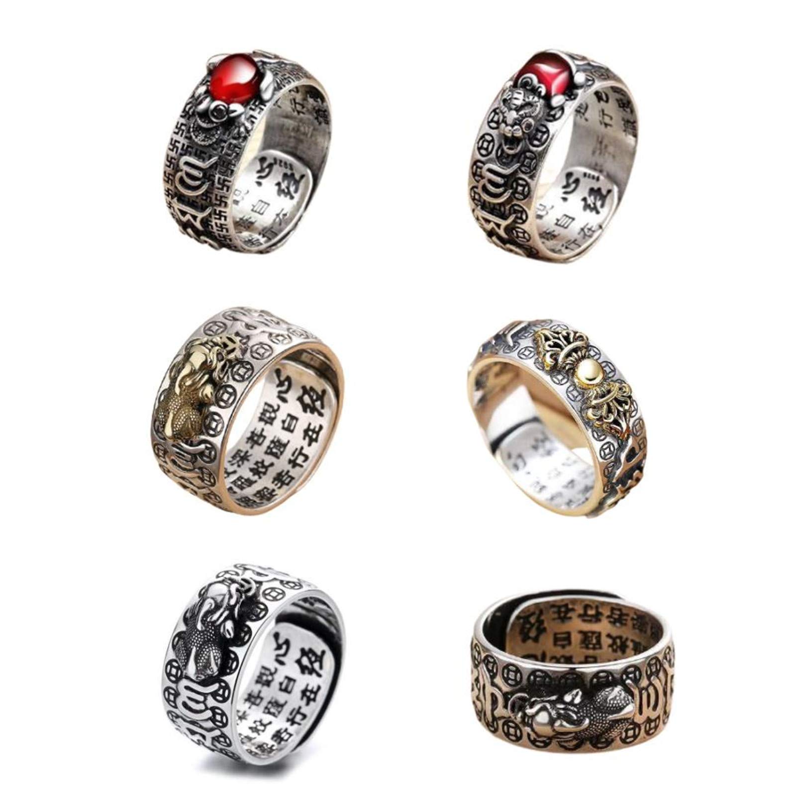 U ONE 6Pcs Pi Xiu Mantra Protection Wealth Ring Adjustable Pixiu Charms Ring Amulet Lucky Retro Feng Shui Open Ring Buddhist Jewelry for Women Men