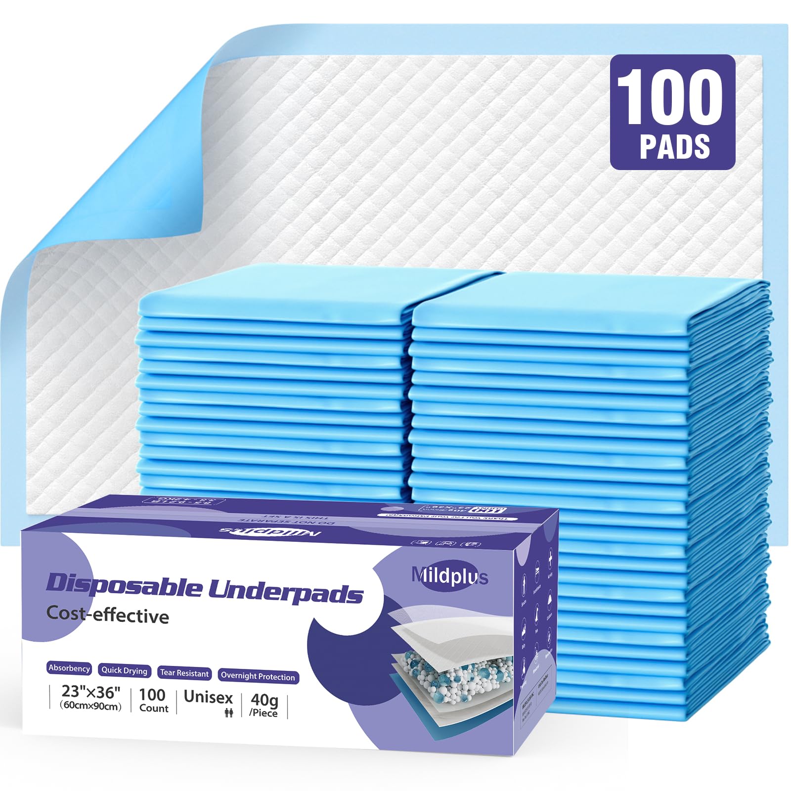 MILDPLUS Almohadillas desechables de 23 x 36 pulgadas (100 unidades) almohadillas absorbentes moderadas para incontinencia, portabrocas desechables, almohadillas para orina para niños, adultos y