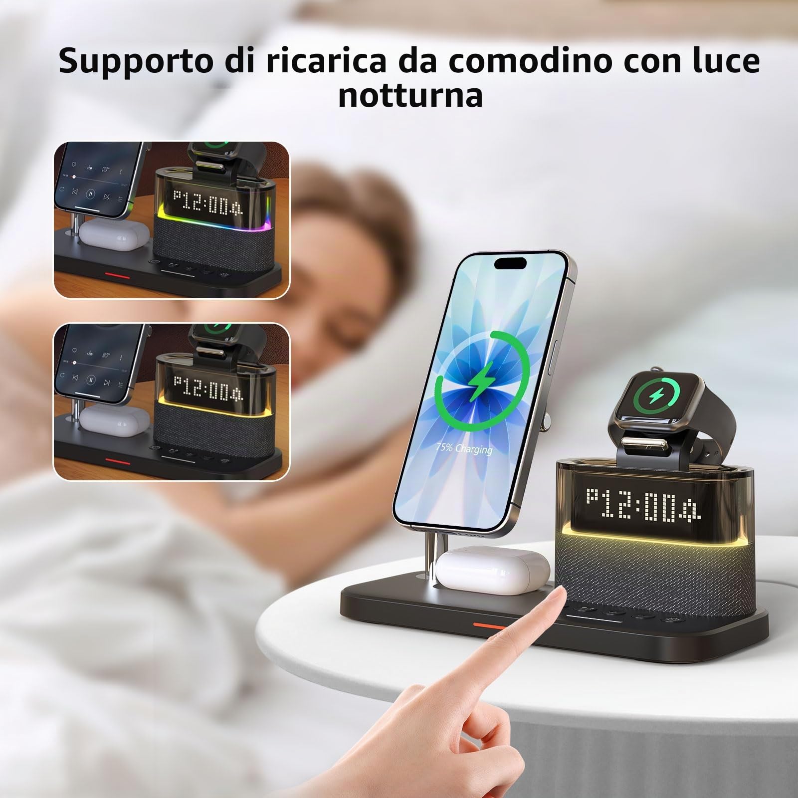 Caricabatterie wireless 5 in 1 con sveglia, stazione di ricarica wireless con luce notturna compatibile con iPhone 17 16 15 14 13 12 Pro Max, Apple Watch e auricolari con ricarica wireless (Nero)
