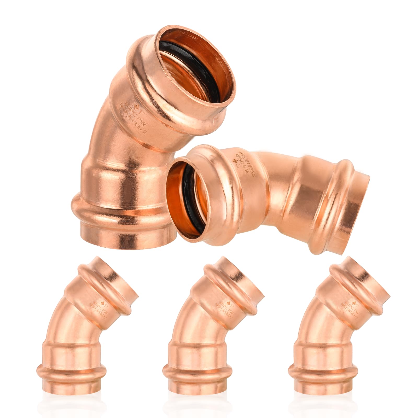 HeSun Confezione da 5 raccordi a pressione in rame (45 gradi), raccordi a pressione in rame da 2,5 cm x 2,5 cm, P x P per collegamento tubo di rame