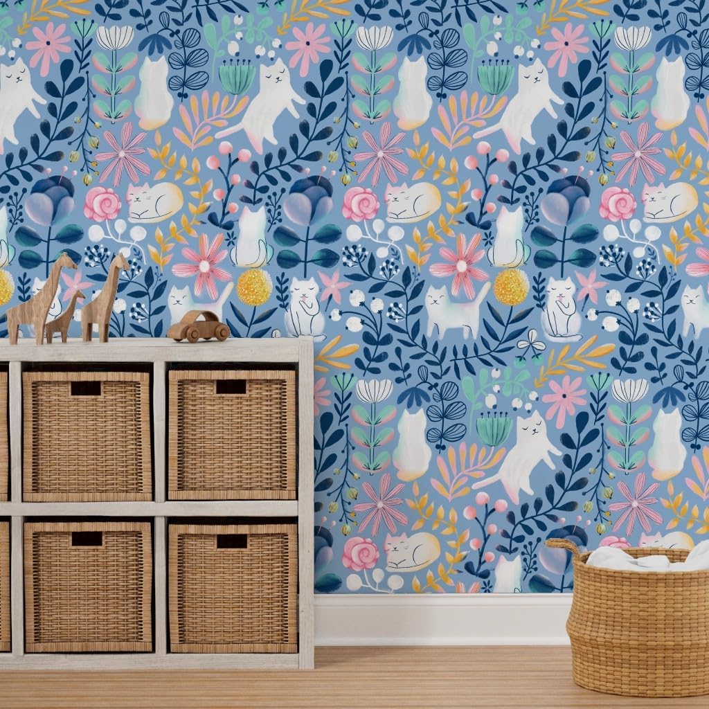 Peel & Stick Wallpaper 3ft x 2ft - Spring Cats Floral Cat Summer Custom Removable Wallpaper by Spoonflower