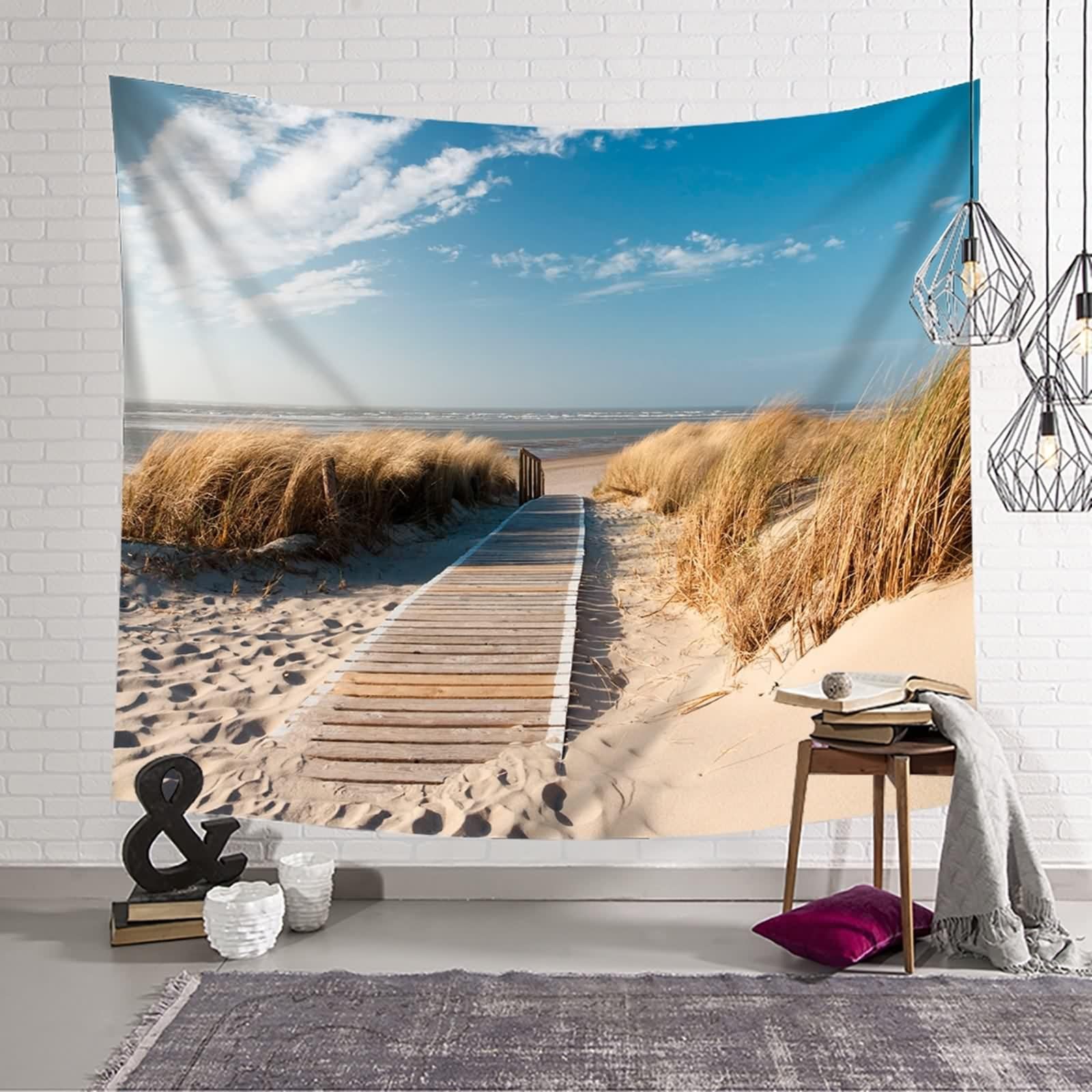 Dsnyu Dywan ścienny XXL, gobelin, żółty, beżowy, na plażę, trzcina, dekoracja ścienna do sypialni, salonu, poliester, 350 x 256 cm