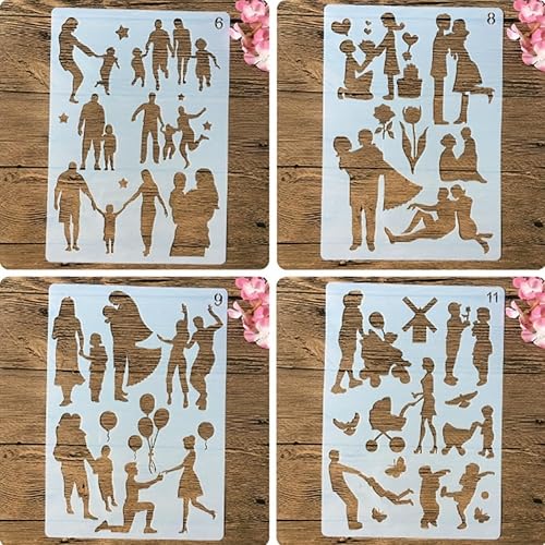 4 plantillas de familia para amantes de la pintura reutilizables para padres, pareja, plantillas de capas para manualidades, álbumes de recortes,