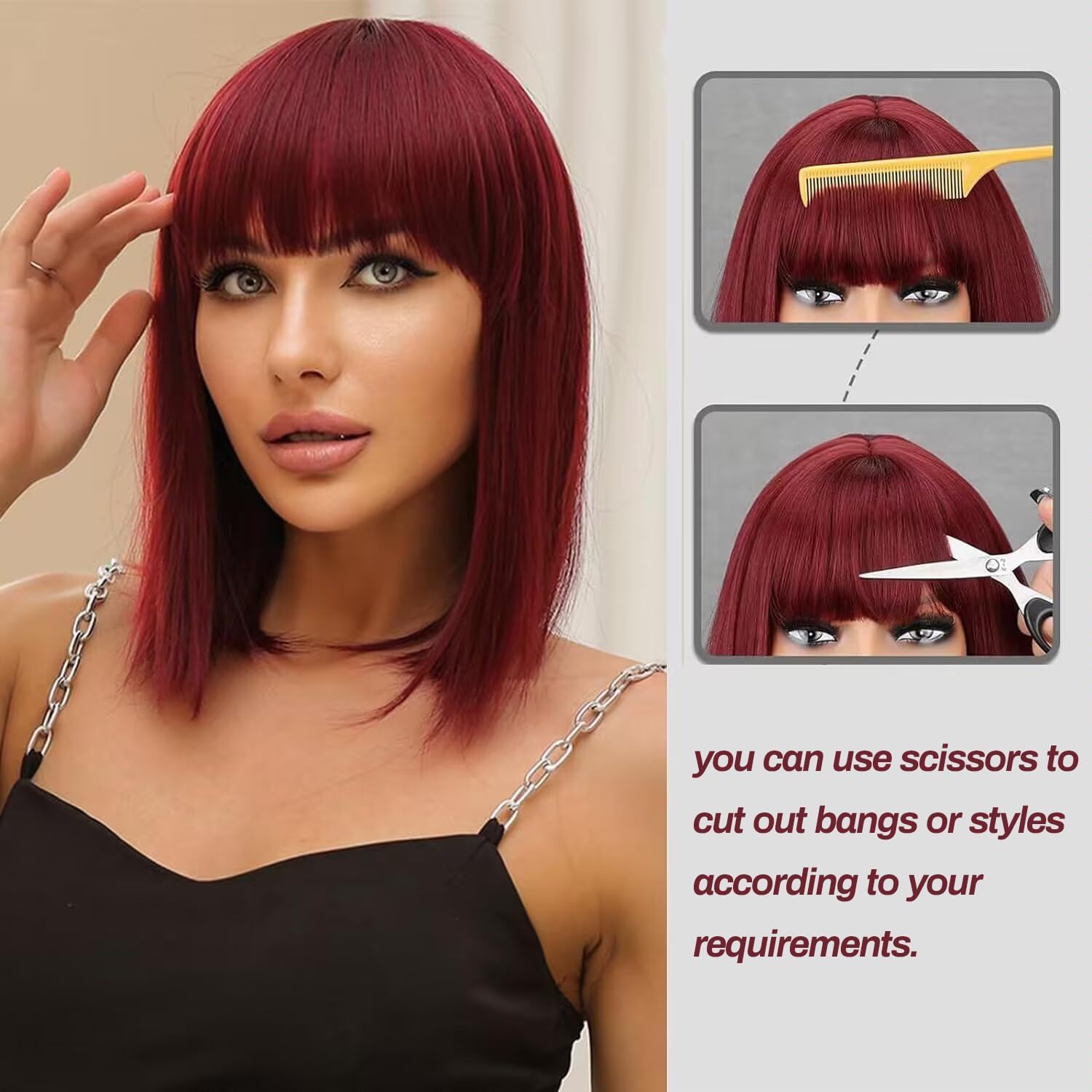 Datanala 99j Straight Short Wine Red Bob Wig with Bangs Human Hair 3x1 HD Lace Top Glueless Wigs Blunt Cut Silk Bob Wig Wear and Go 180% Density Bob Wig with Bangs (12Inch) - Image 4