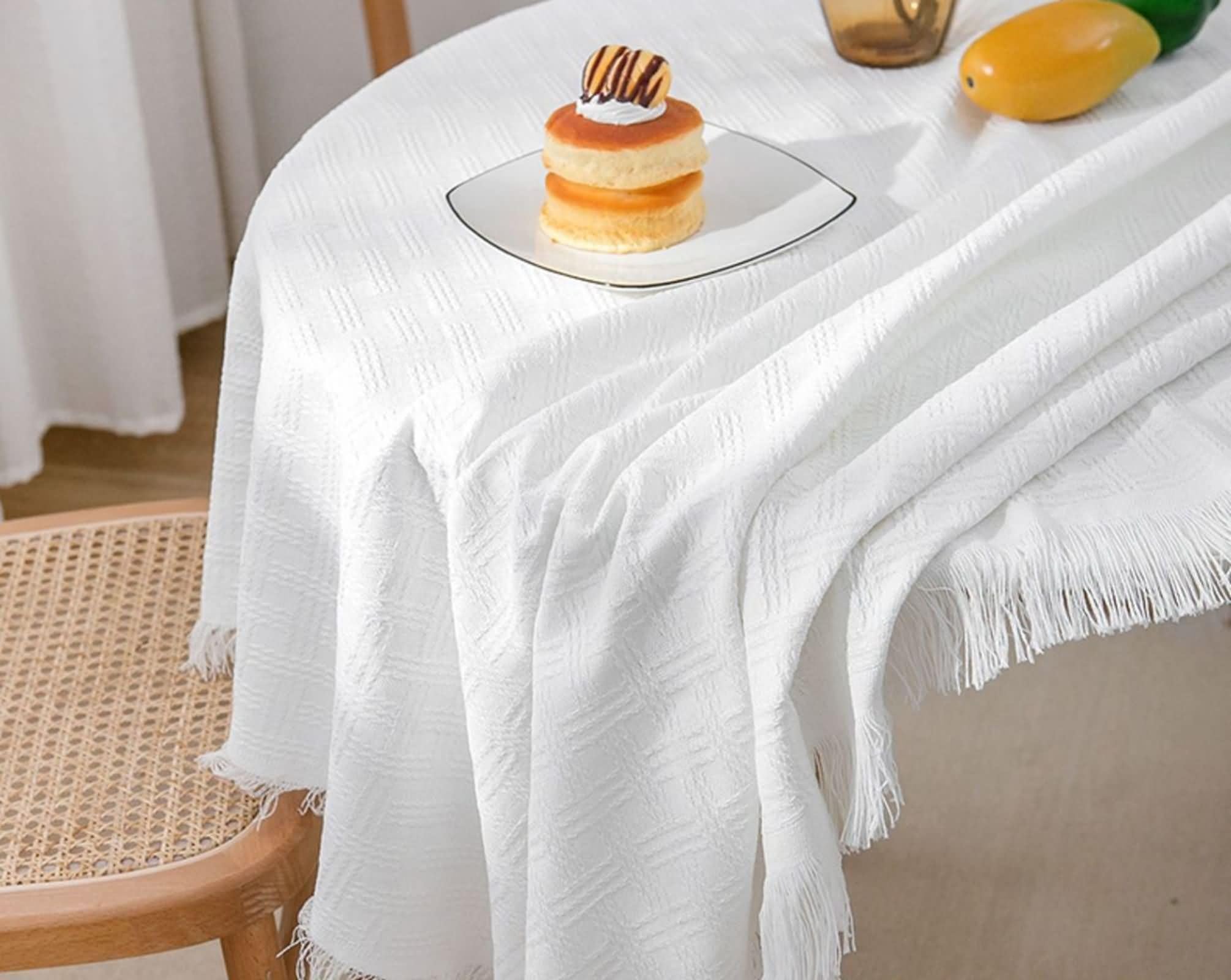 Mantel de cocina blanco, mantel de mesa de cocina, 180 x 260 cm, diseño de cuadros entrelazados con borlas de tela