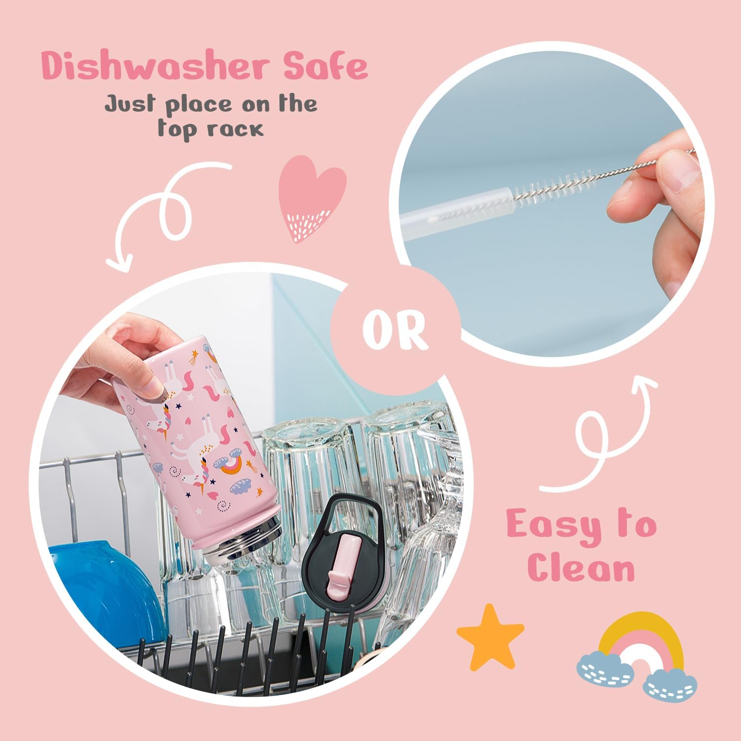 2-Pack Kids Water Bottle, BUZIO 14 oz Toddler Stainless Steel Insulated Water Bottles with Tritan Straw Lid, Leak Proof BPA-Free Wide Mouth Drink Flask for Shcool Boy Girl (Pink Unicorn+Blue Dinosaur) - Image 5