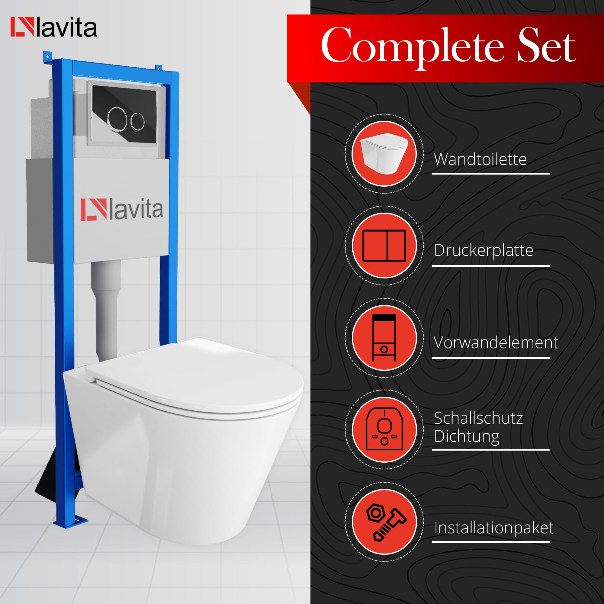 Lavita LAV 101 Élément mural pour WC 40 cm + évier mural suspendu Gale blanc sans bord + panneau de commande LAV 200.4.4 noir | Kit complet | Réservoir de chasse encastré | WC complet