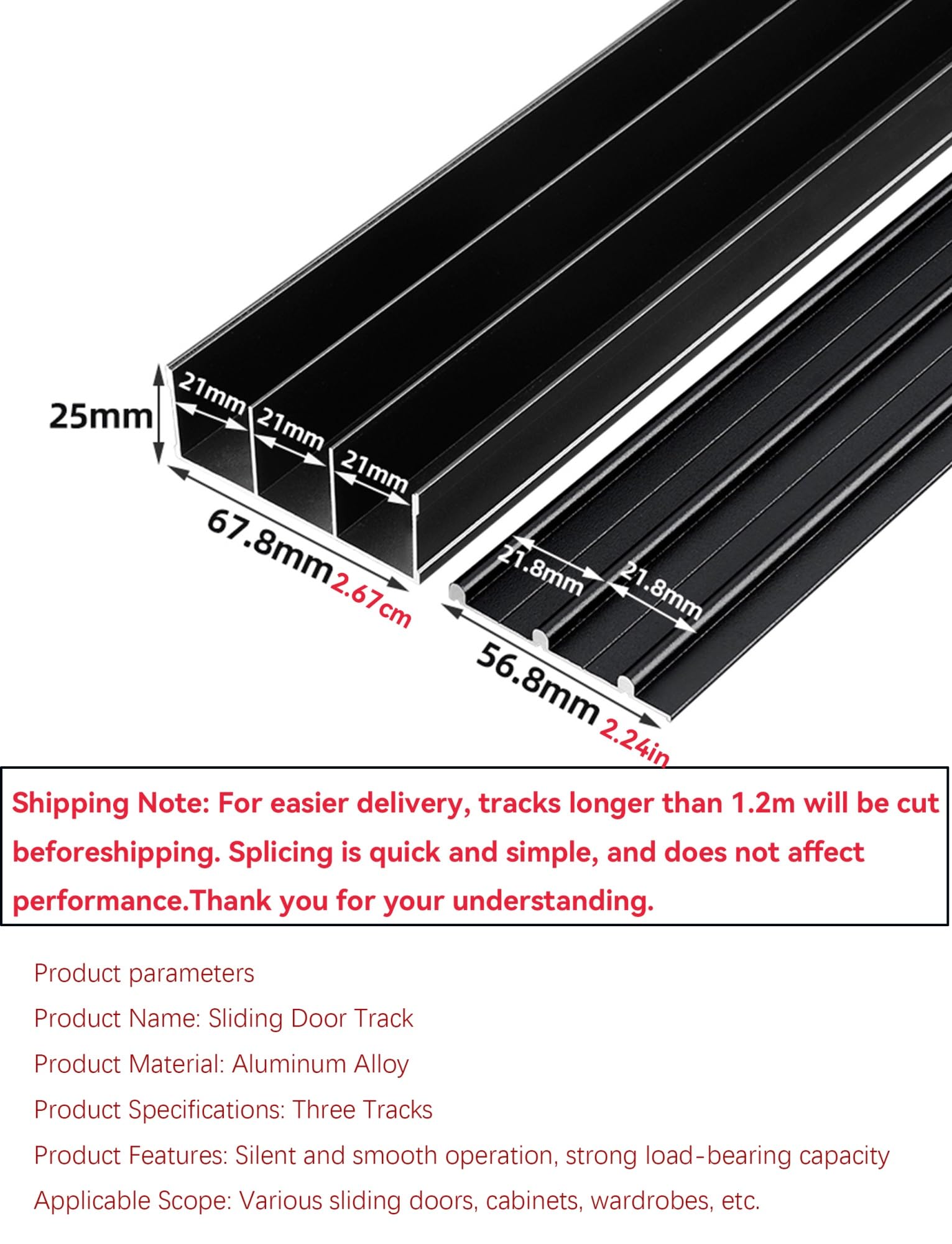 Kit de herrajes for puerta corredera de triple riel, rieles de aluminio de alta resistencia, derivación de 3 paneles ajustable de montaje empotrado for armario,(120cm/47.2in)