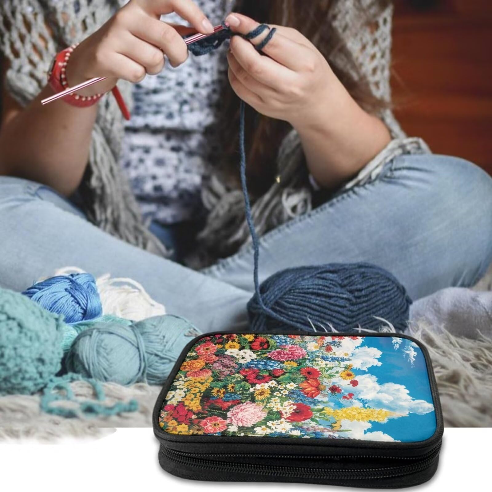 Yuresuaet Flowers Crochet Hook Organizer Case Interchangeable Knitting Needle Case with Mesh Pocket and Compartment Popular Crochet Needle Case for Crochet Hooks and Knitting Accessories