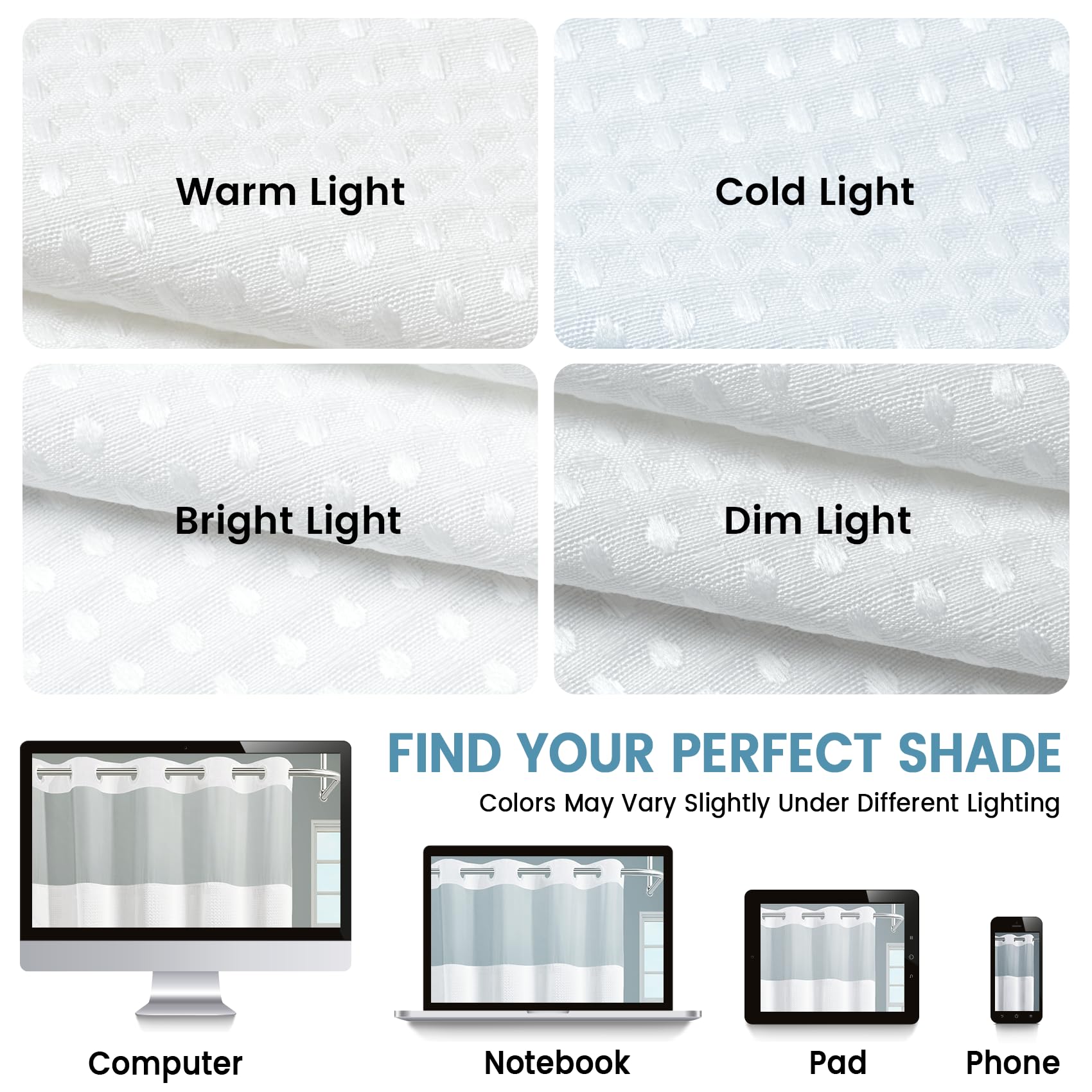 EUTXL Tenda da doccia senza gancio con fodera a scatto, 230 g/m², tessuto a nido d'ape per bagno, 91 x 188 cm, bianco