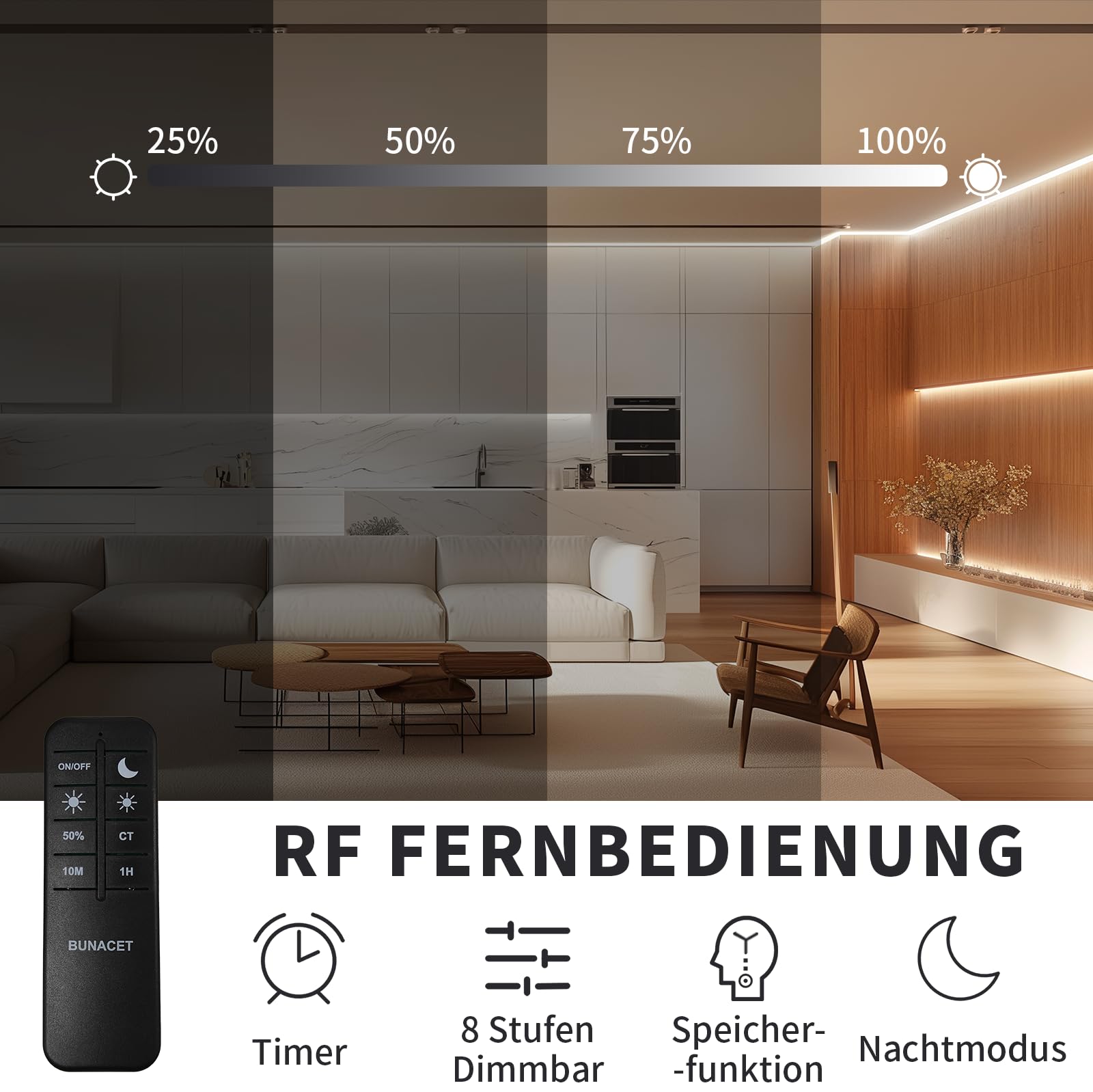 Taśma LED COB 6 m, zimna biel, możliwość ściemniania, 6500 K | Taśma świetlna LED z zasilaczem i pilotem zdalnego sterowania RF do kuchni, sypialni, salonu, szafy, lustra