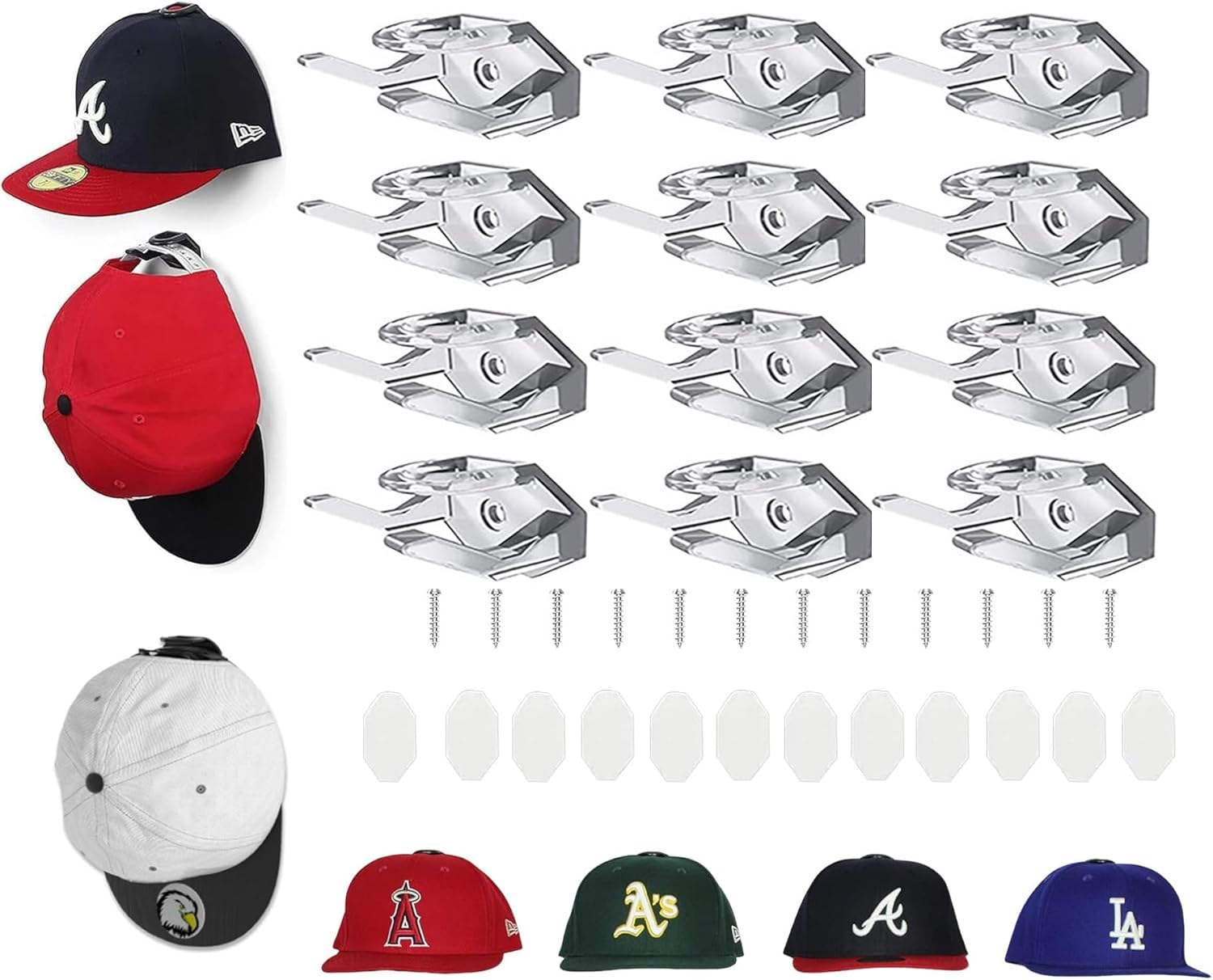 Confezione da 12 Portacappelli da parete ganci adesivi per porta Cappelli Cappelli Porta Cappelli Curve Ganci Appendi per cappelli da parete,Cappello Senza Perforazione(con 12 viti e retro adesivo)