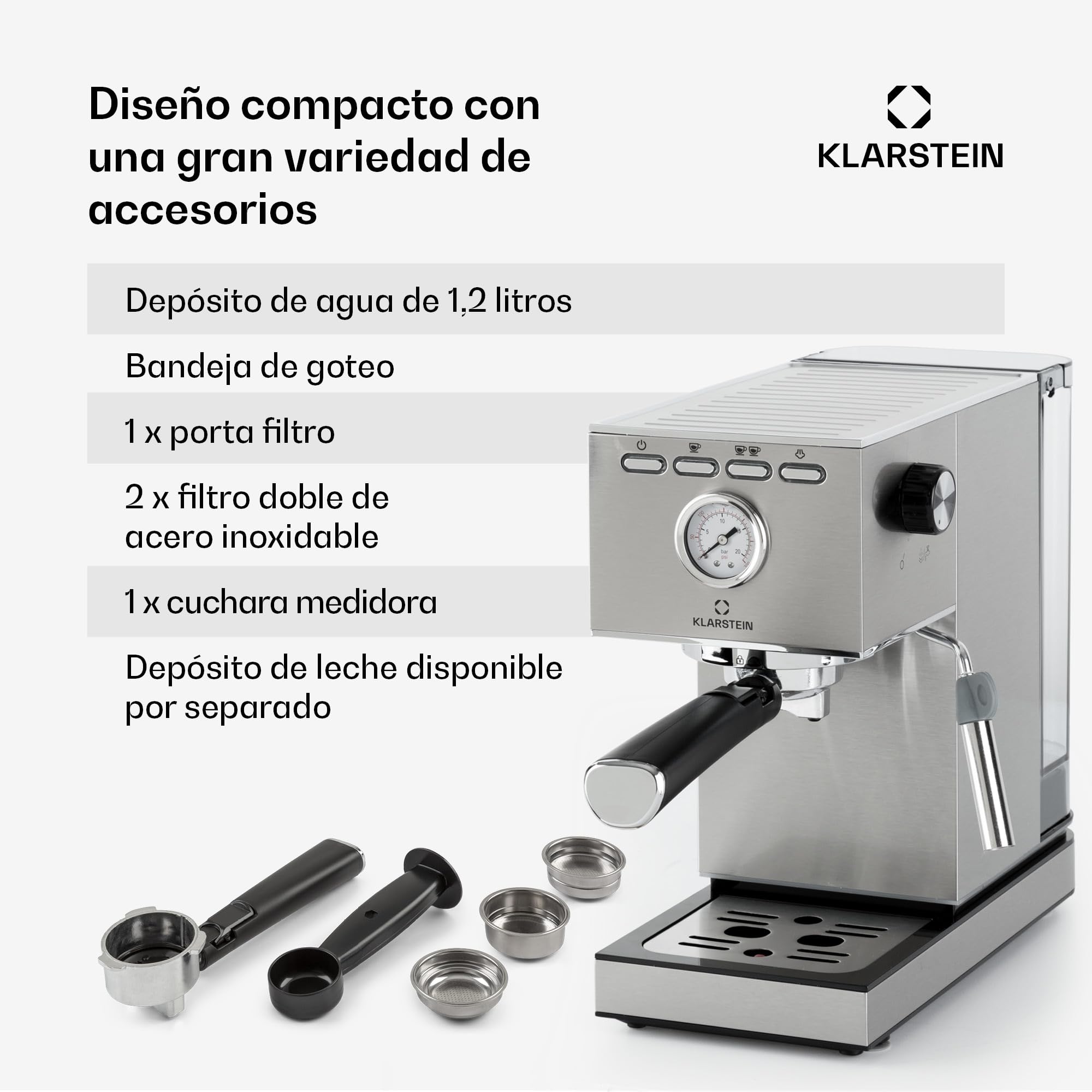 KLARSTEIN Pausa cafetera espresso, 1350 W, máquina de café, 20 bares de presión, depósito de agua: 1,4 litros, acero inoxidable, plateado