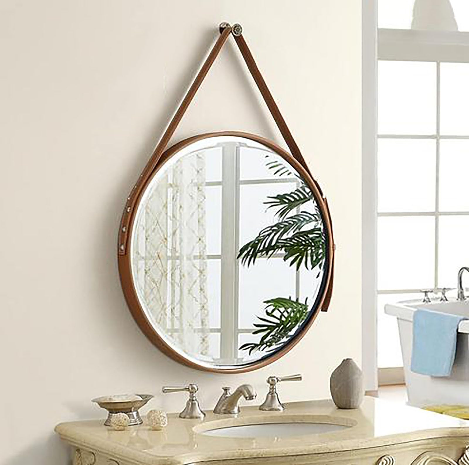 Miroir mural rond rustique avec corde en cuir – 70,1 cm – Miroir décoratif pour salle de bain, chambre à coucher, salon et entrée – Décoration d'intérieur rustique élégante marron