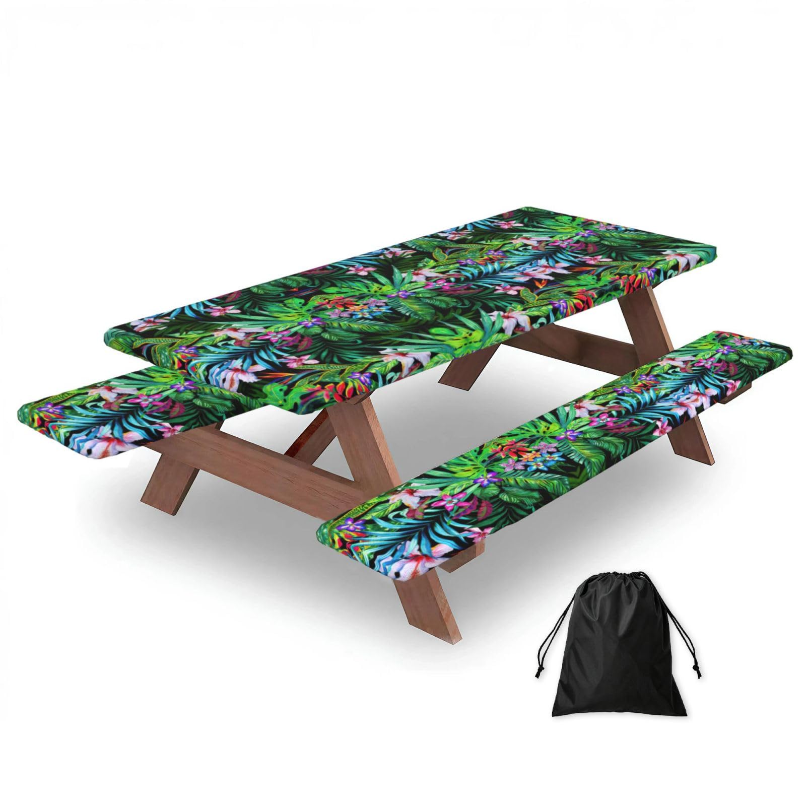 Zyjhyy Black Colorful Tropical Leaf Print Party Table Covers With Bench Covers Set Of 3 Picnic Table Cloth Wipe Clean For Garden Camping