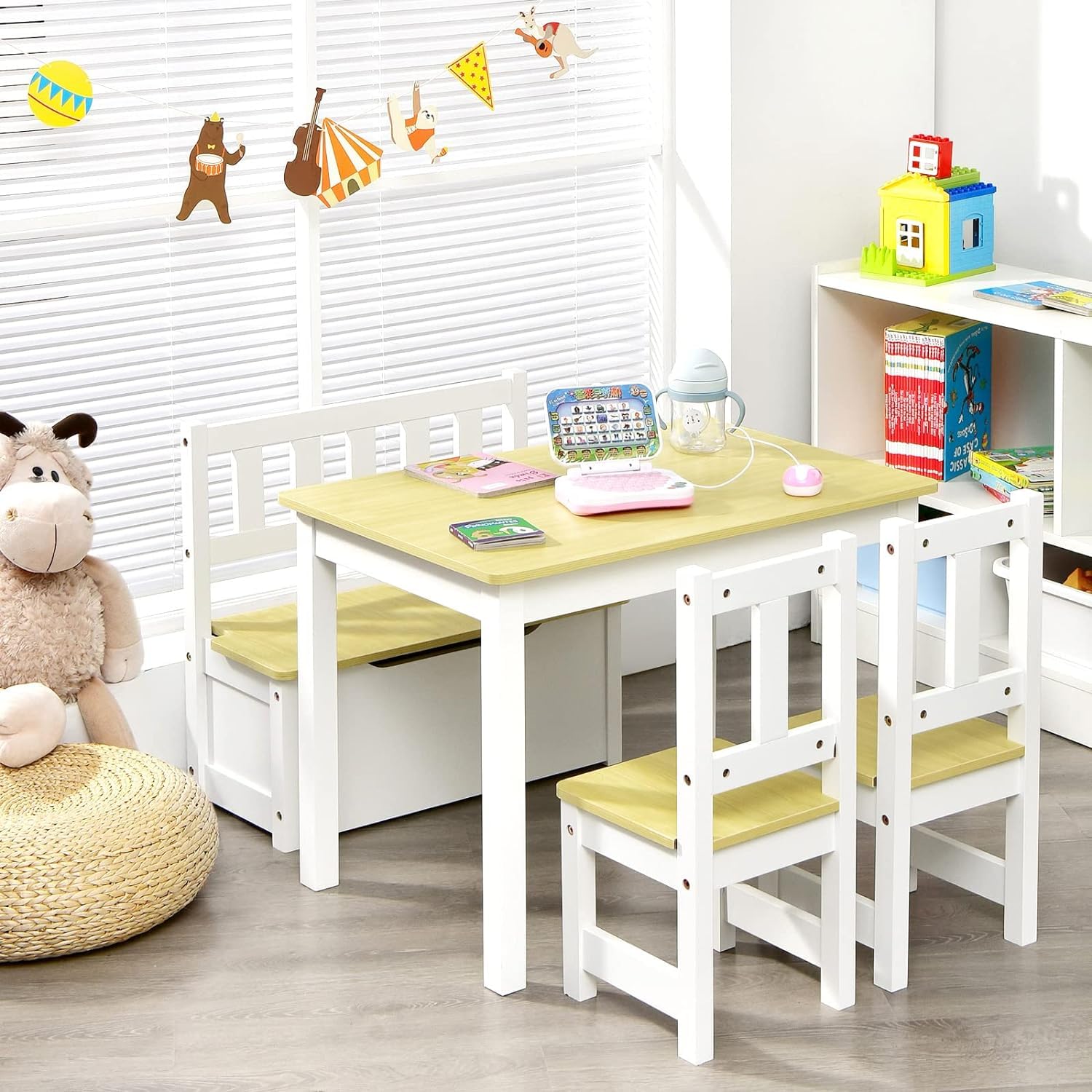 DREAMADE Kindetisch mit 2 Stühlen, Kindersitzgruppe aus Holz mit 22L Strauraum, Kindertruhenbank Kindermöbelset Holzsitzgruppe für Kinderzimmer, Spielzimmer, Wohnzimmer, Natur