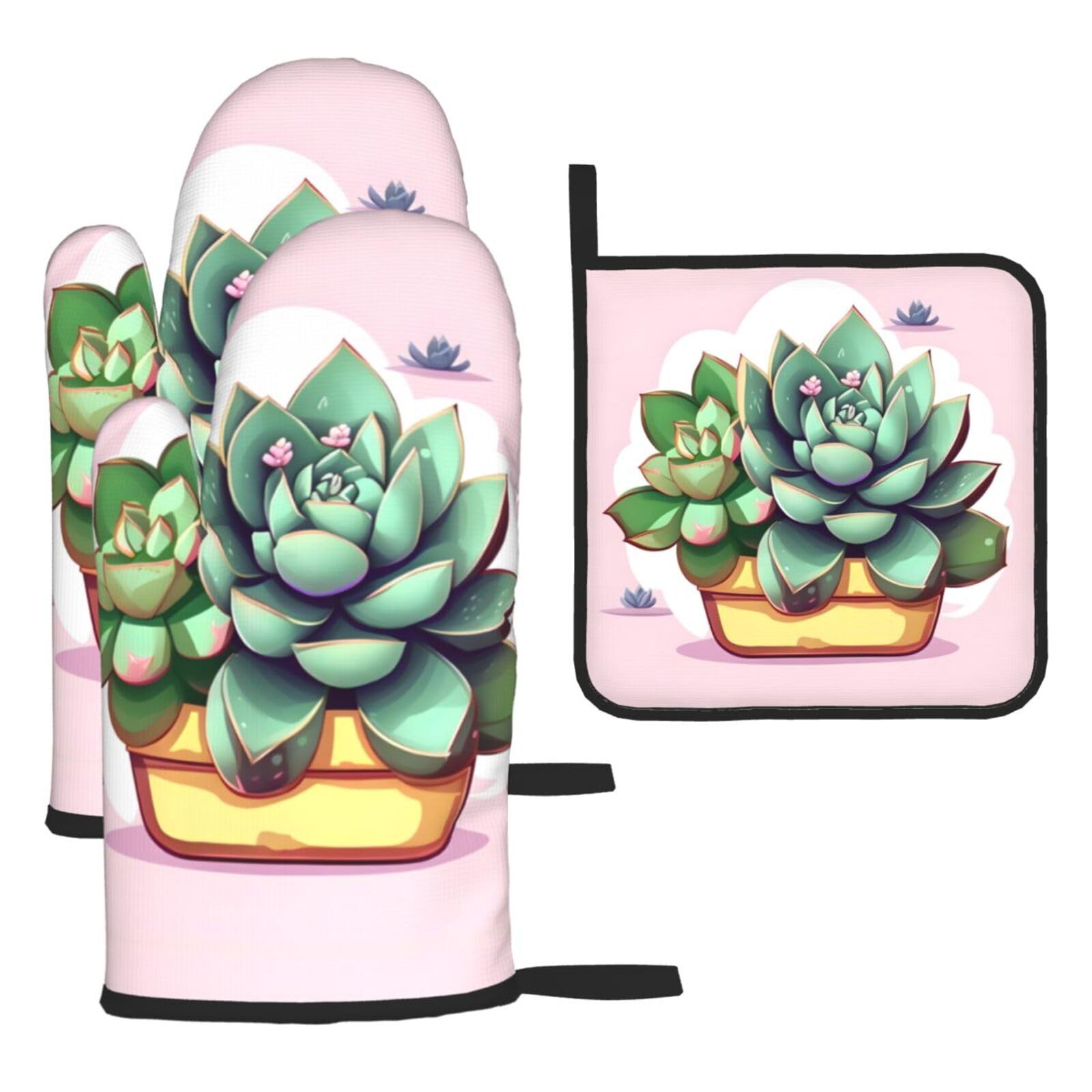Cartoon Succulents Oven mittens and oven mitts three-piece set suitable for oven, grilling, baking, microwave and home cooking.