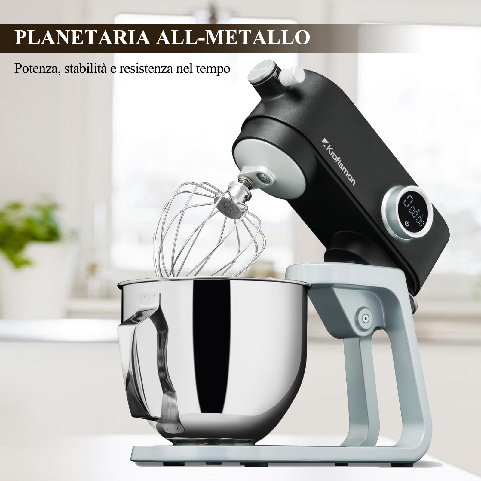 Impastatrice Planetaria Kraftsman in Metallo, 5L Robot da Cucina Multifunzione, 800W, 8 Velocità con Timer, Impastatrice Professionale con 4 Fruste in Acciaio Inox, Ideale per Impasti Duri (Nero)