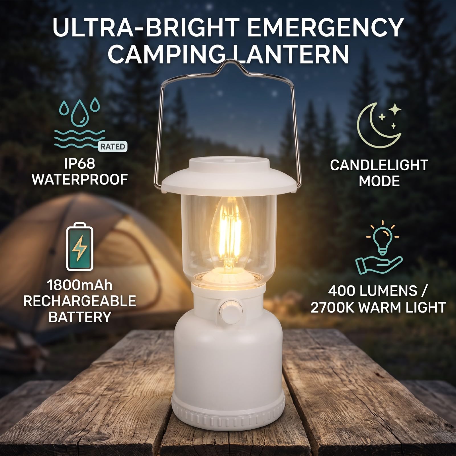 EMUKOEP Lanterna da Campeggio di Emergenza, Portatile 400LM con modalità | Costruzione in ABS, Impermeabile IP68, Ricaricabile da 1800 MAh, Autonomia di 3-35 Ore, per Interruzione di Corrente della
