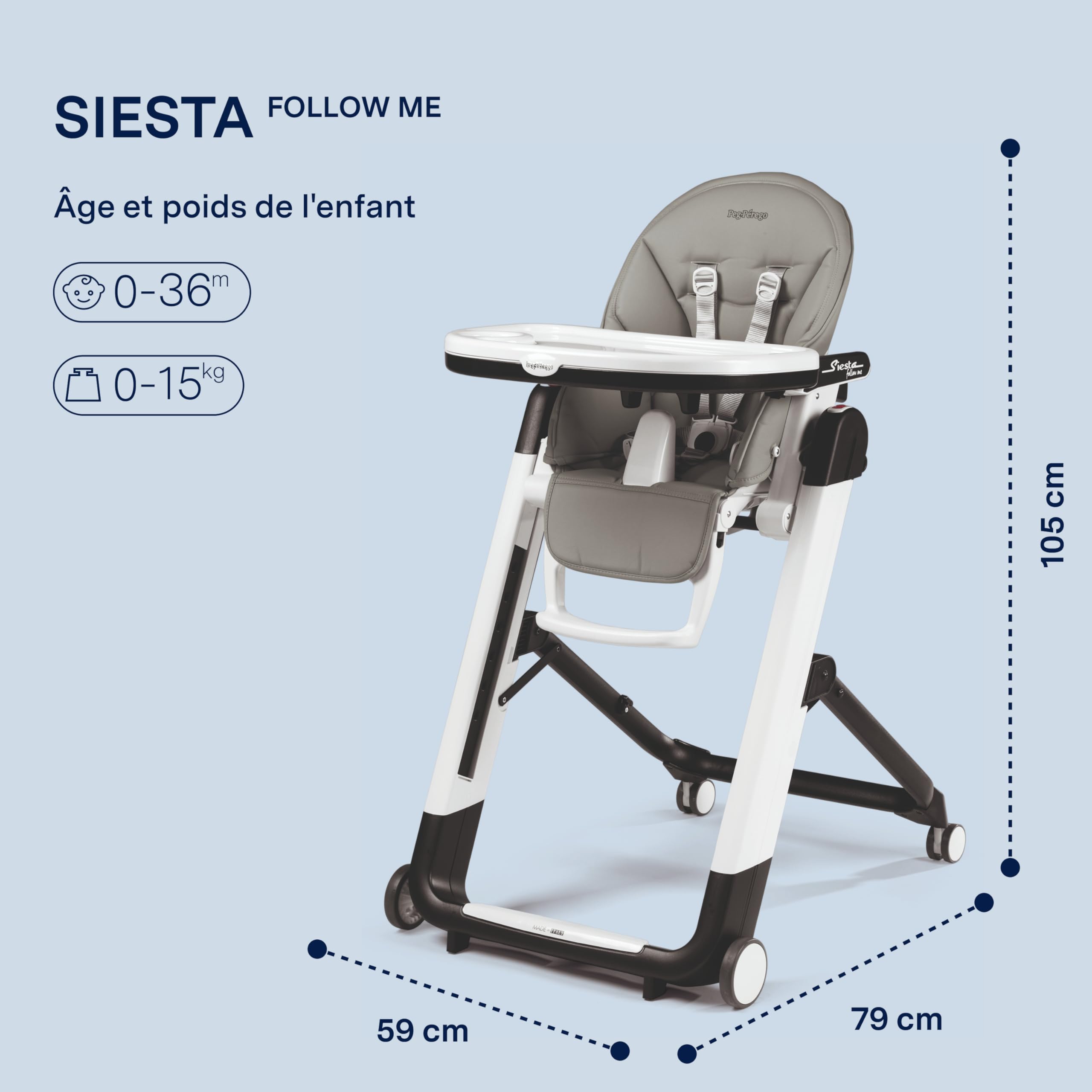 PEG Siesta Follow Me Chaise Haute dès la Naissance, Inclinable avec Fonction Transat, Double Plateau, 9 Hauteurs, 4 Roues, Pliable et Compacte, 0-3 Ans (0-15 kg), Ice